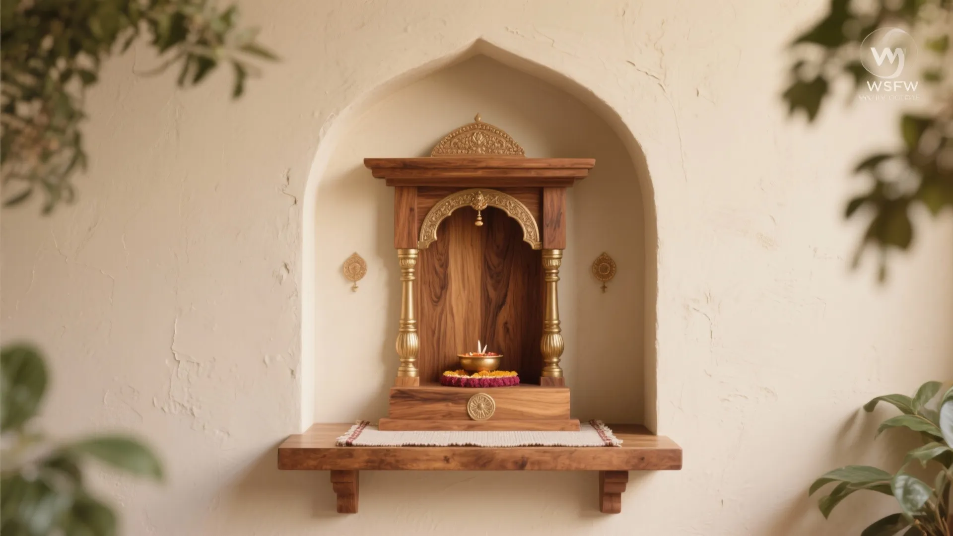 Traditional wooden prayer altar with gold details placed on a shelf within a wall niche