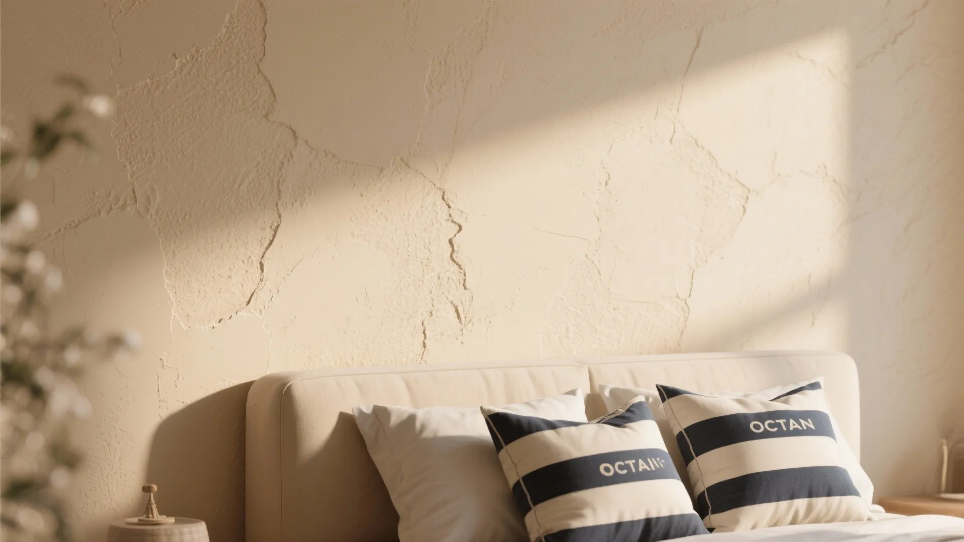 Beige textured wall panel in bedroom with soft sunlight, striped pillows, and cream colored bed