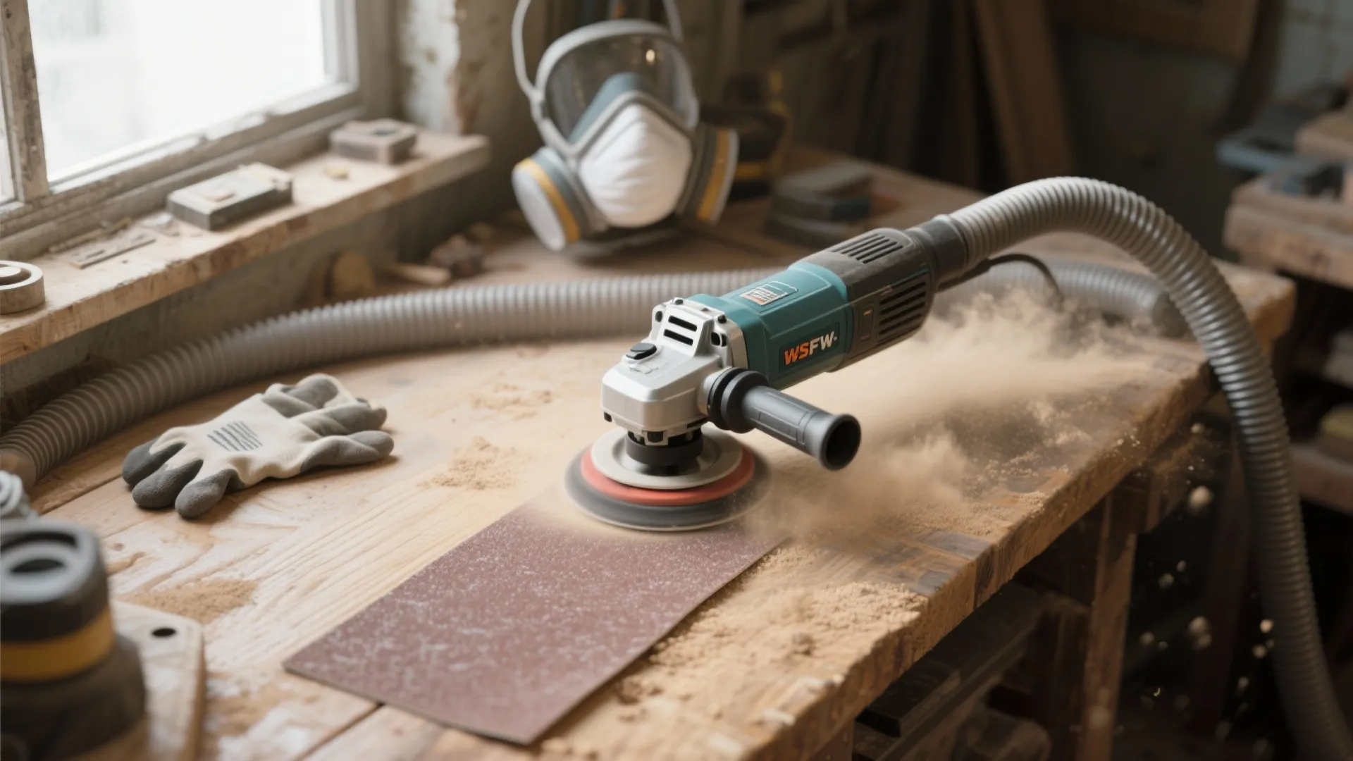 Power sander smoothing a wooden board on a workbench with dust flying and safety mask