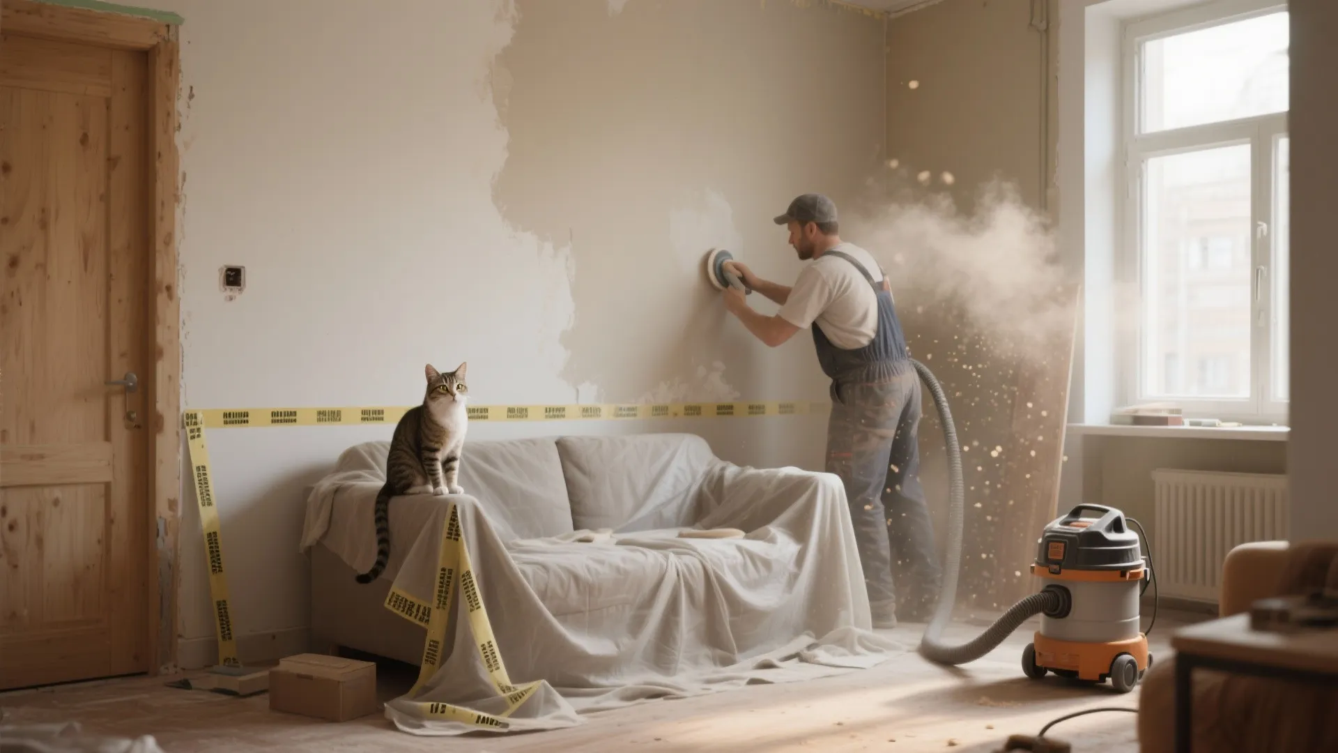 Man sanding a wall with vacuum tool while cat sits on sofa covered in cloth