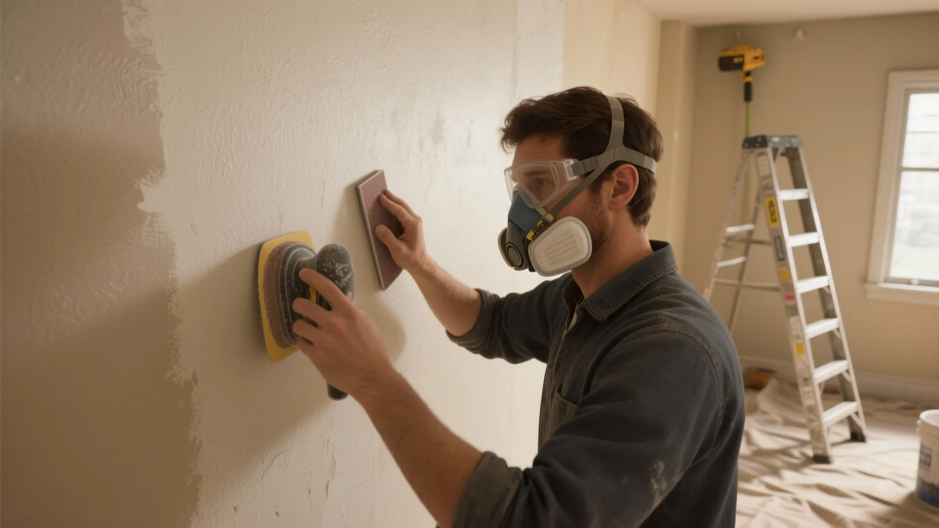 Man wearing mask and goggles sanding white wall with hand tool in house renovation room
