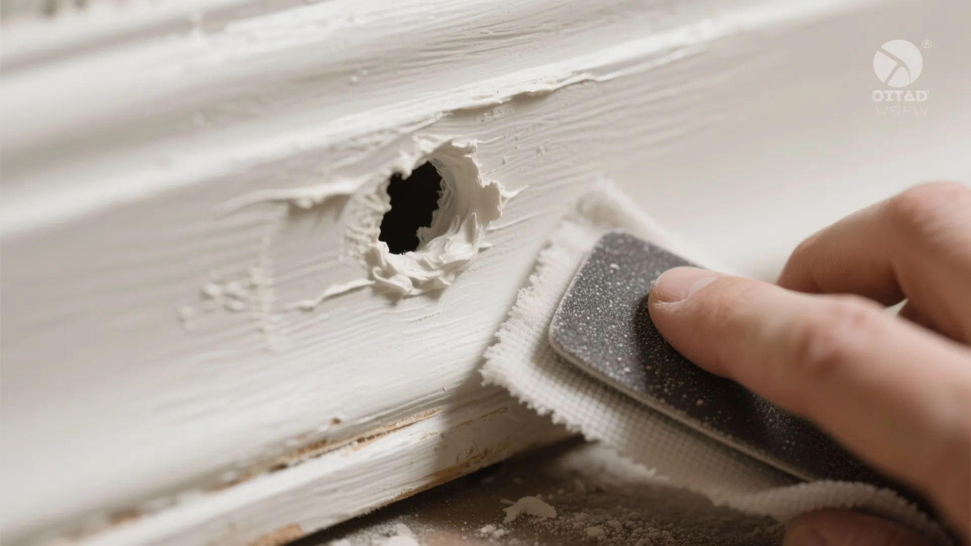 Person using sandpaper to smooth white wall panel surface with a small hole being repaired