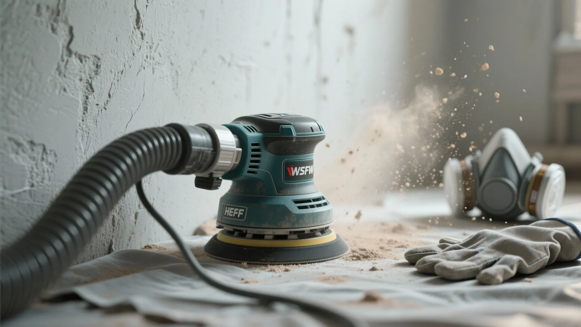 Close-up of an orbital sander removing shallow texture with HEPA vacuum and respirator visible for safety.