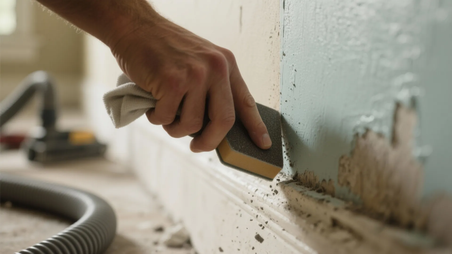 Person sanding wall edge with sanding sponge to smooth surface for home renovation painting project