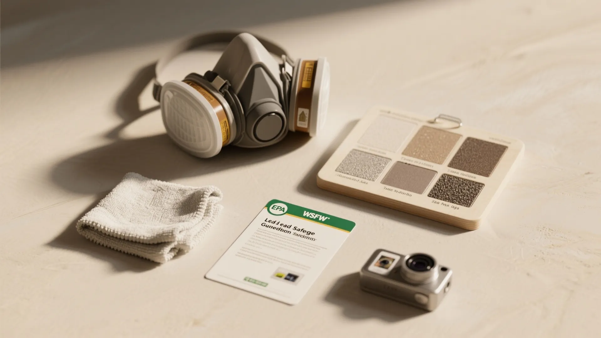 Flatlay of sanding FAQ items: respirator, tack cloth, grit samples, and EPA guidance card for lead-safe work practices.
