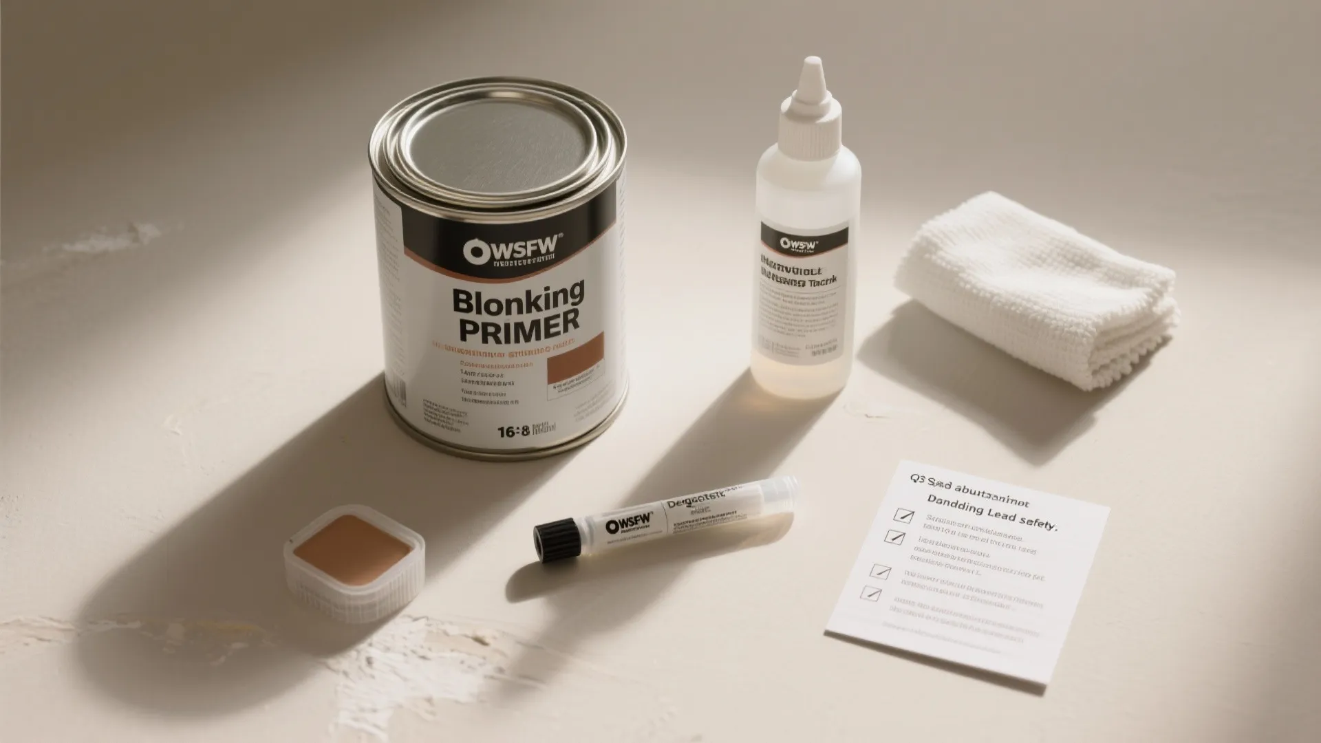 Flatlay of primer can, lead test kit, deglosser, tack cloth, and a checklist card illustrating common sanding FAQs and safety steps.