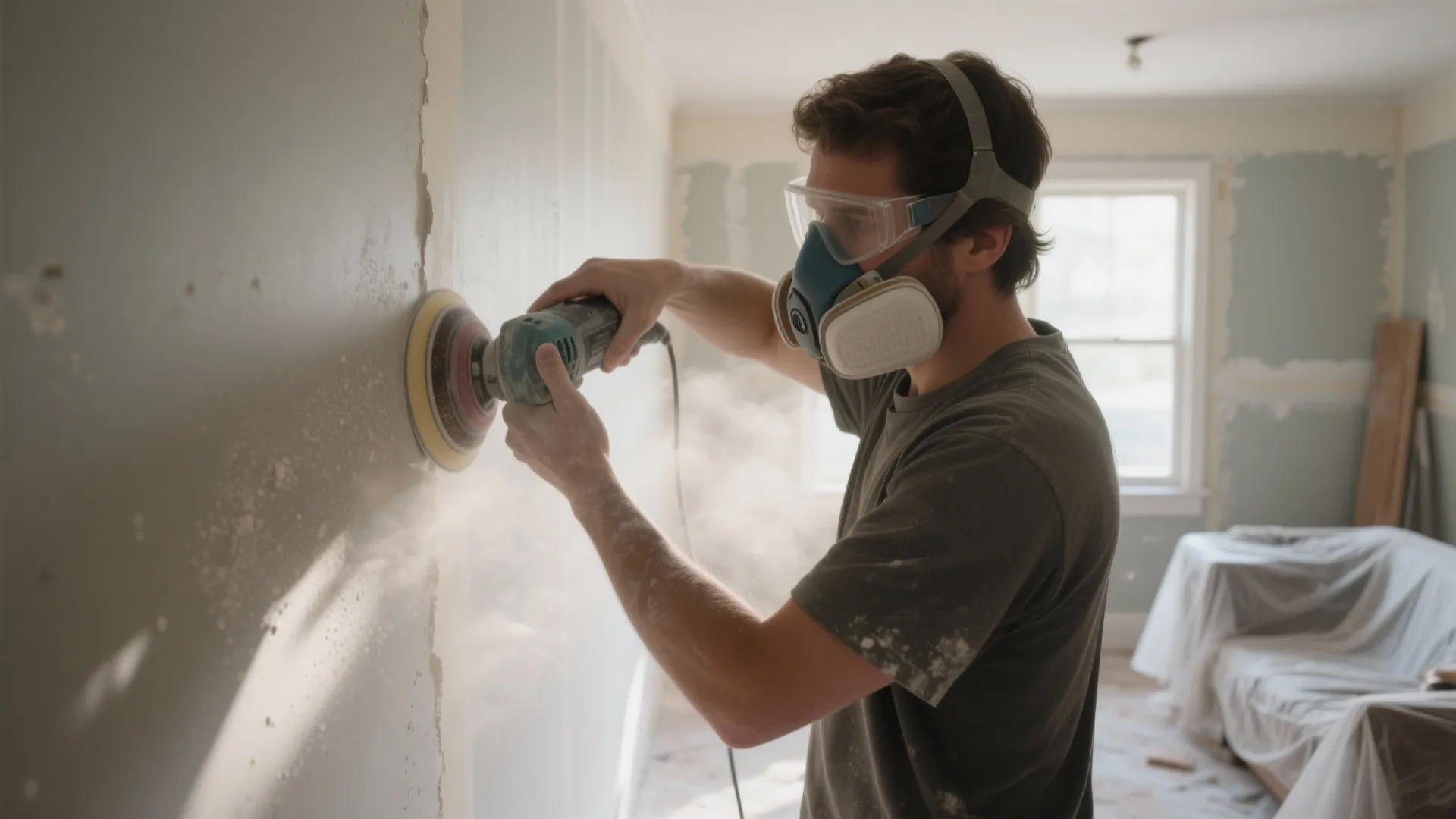 Man wearing safety mask and glasses using power tool to smooth a white indoor wall