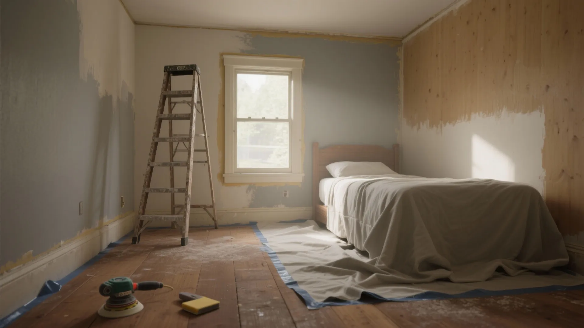 Bedroom wall painting process with ladder wood floor sander tool bed and window in sunlight