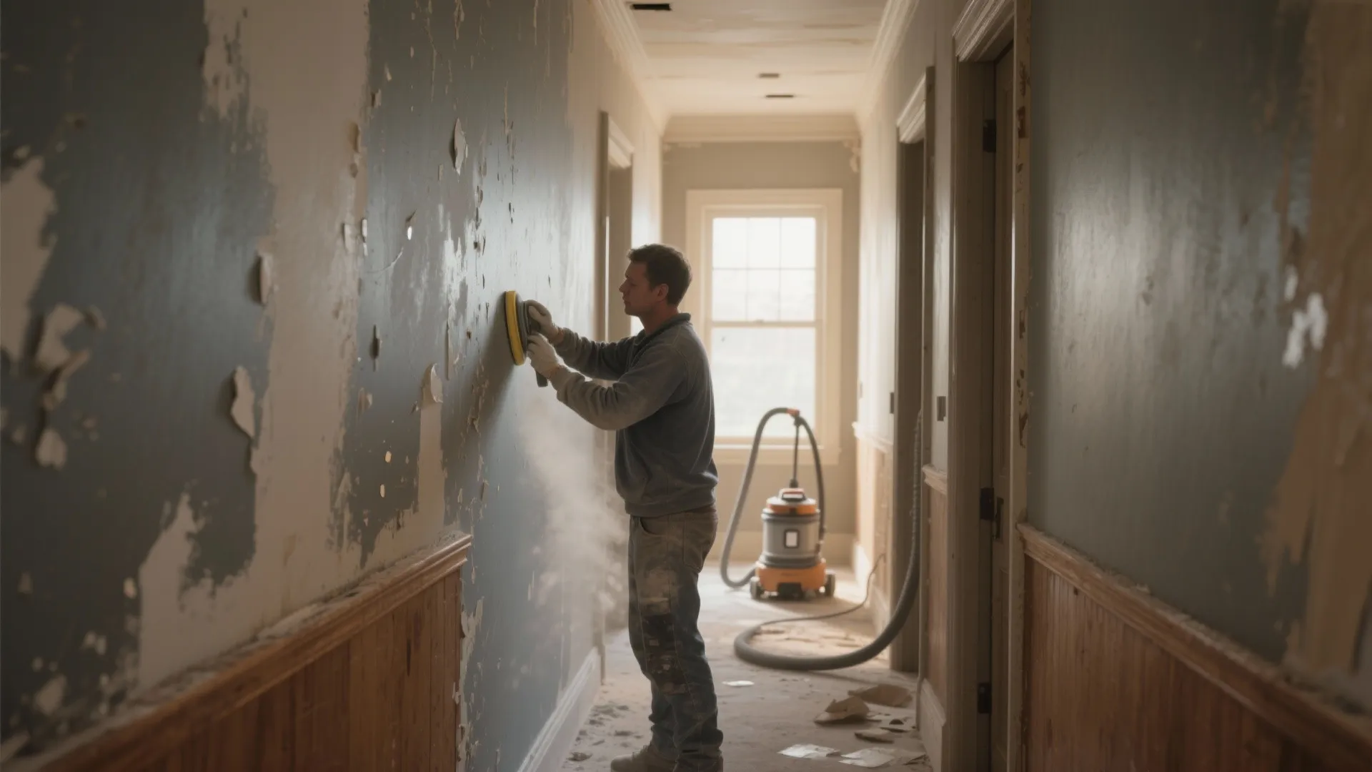 A man sanding a hallway wall with an electric tool while dust fills the air