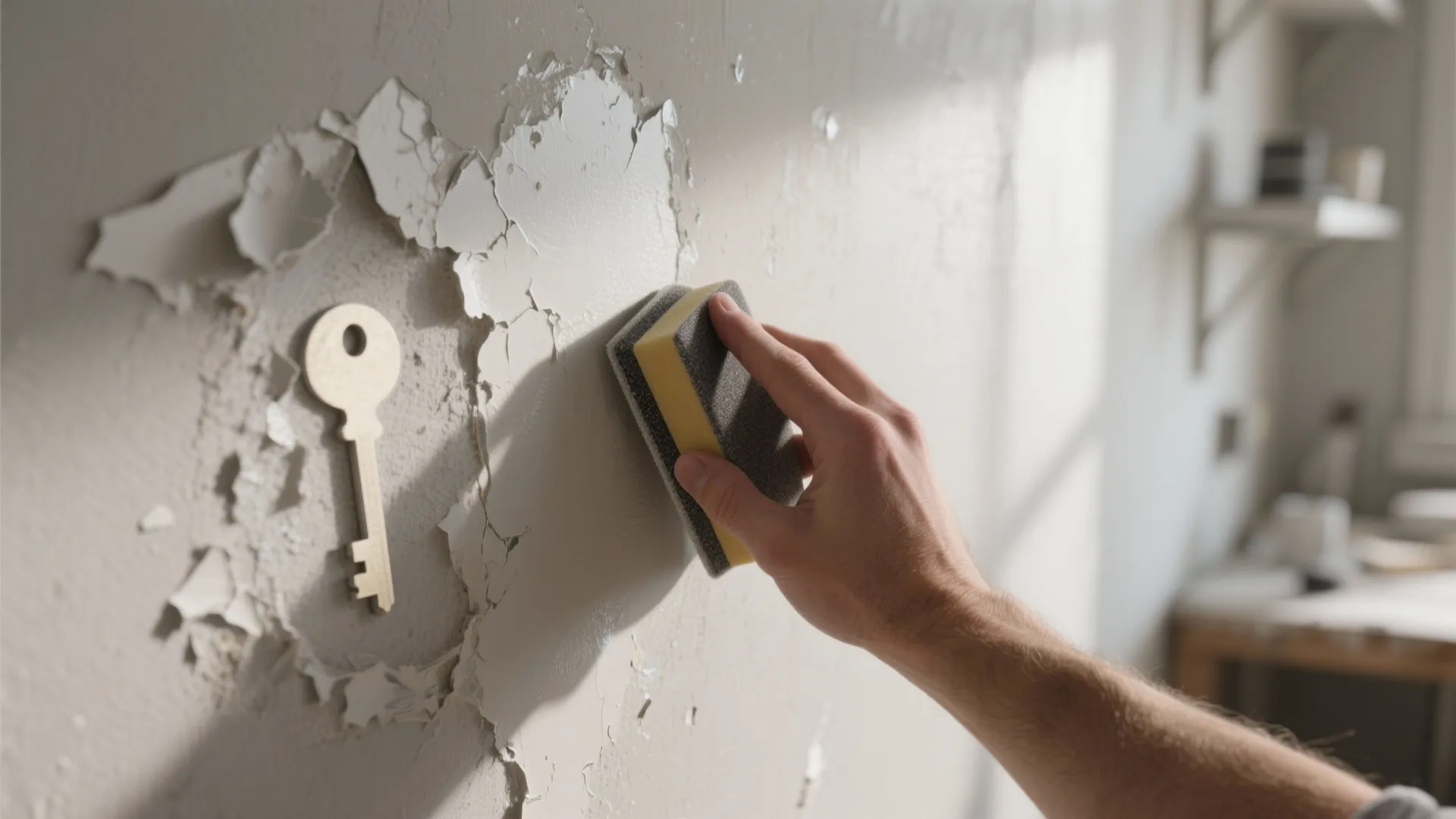 Hand using a sanding block to scuff glossy paint and remove loose flakes, showing the difference between sanded and unsanded areas.