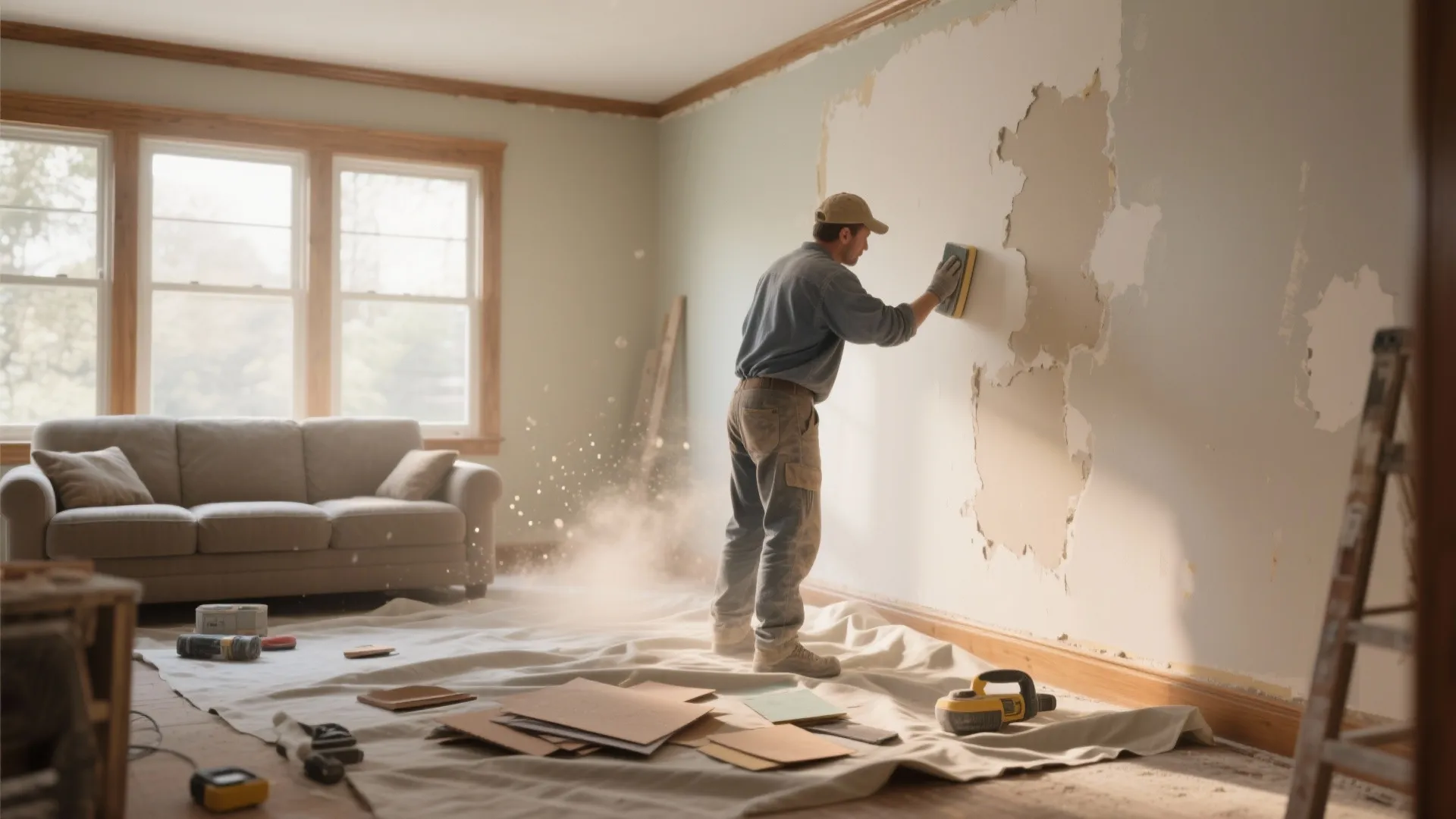 Worker sanding an interior wall in a living room with sofa and covered floor area