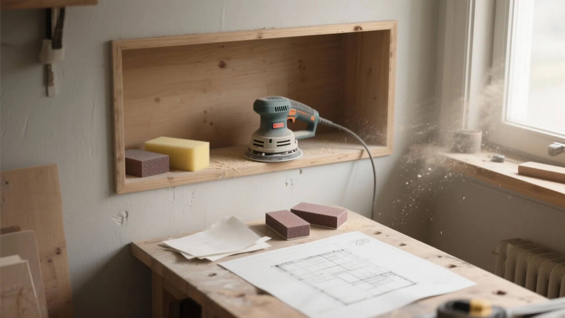 Electric sander on a wall shelf with sanding blocks and interior design drawing on table