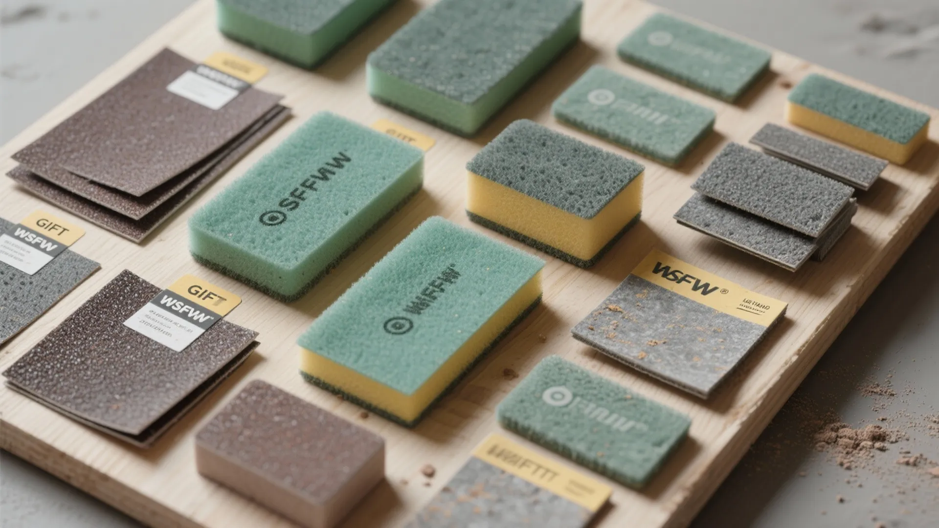 Selection of green and yellow sanding sponges and brown sandpaper sheets on a wooden board