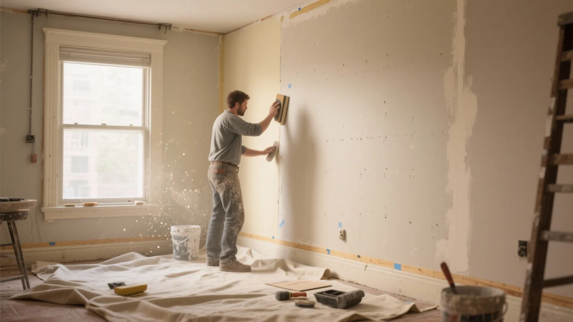 Man using a sanding block on a white wall inside a room during home renovation