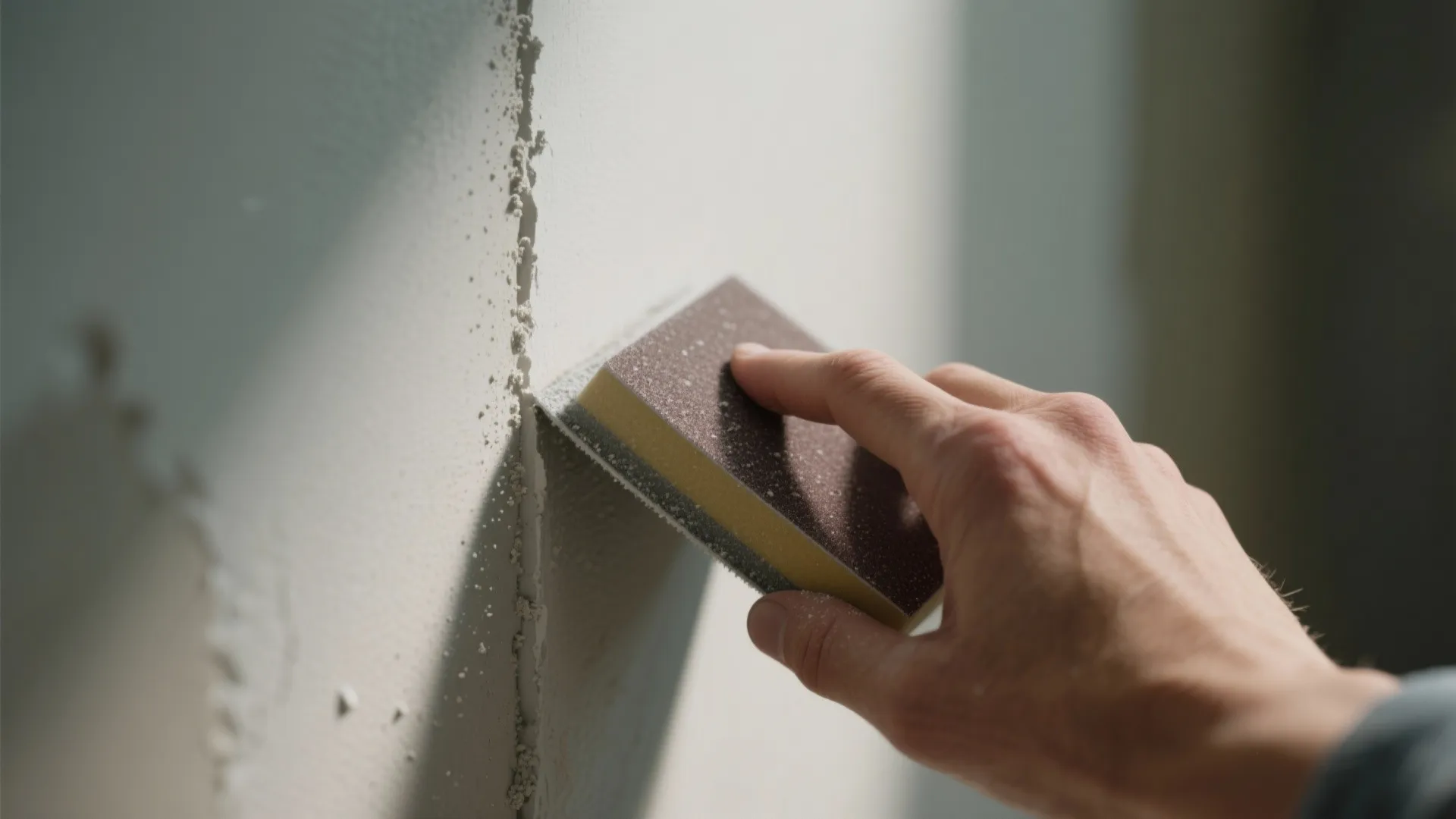 Hand using brown sanding block to smooth a white wall corner for home renovation project