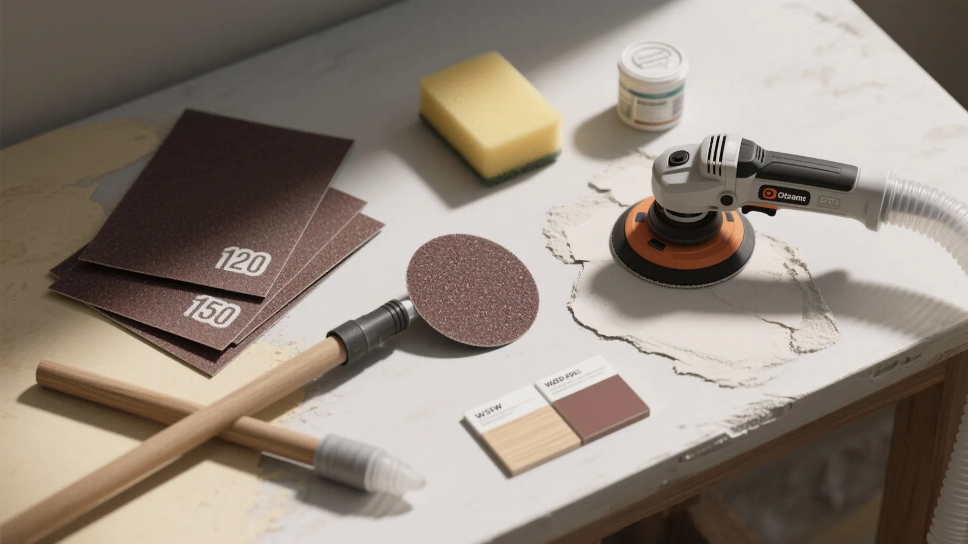 Top-down layout of sanding tools: 120–150 grit sheets, sanding sponge, pole sander, orbital sander and patching compound.