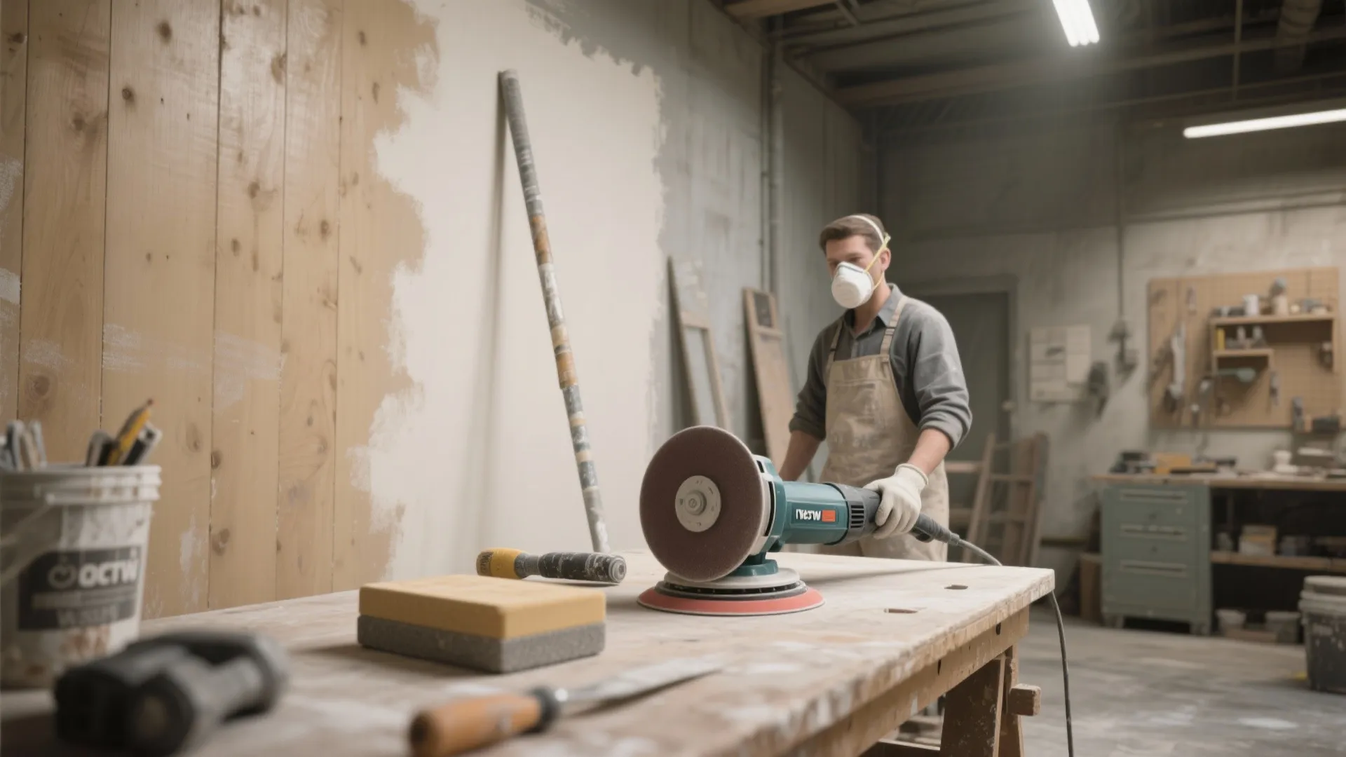 Man using a power tool to sand a white wall in a woodworking shop room