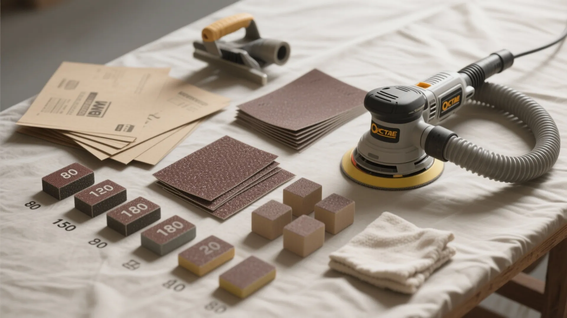 Electric sander tool with various sandpaper sheets and blocks organized on a white work table