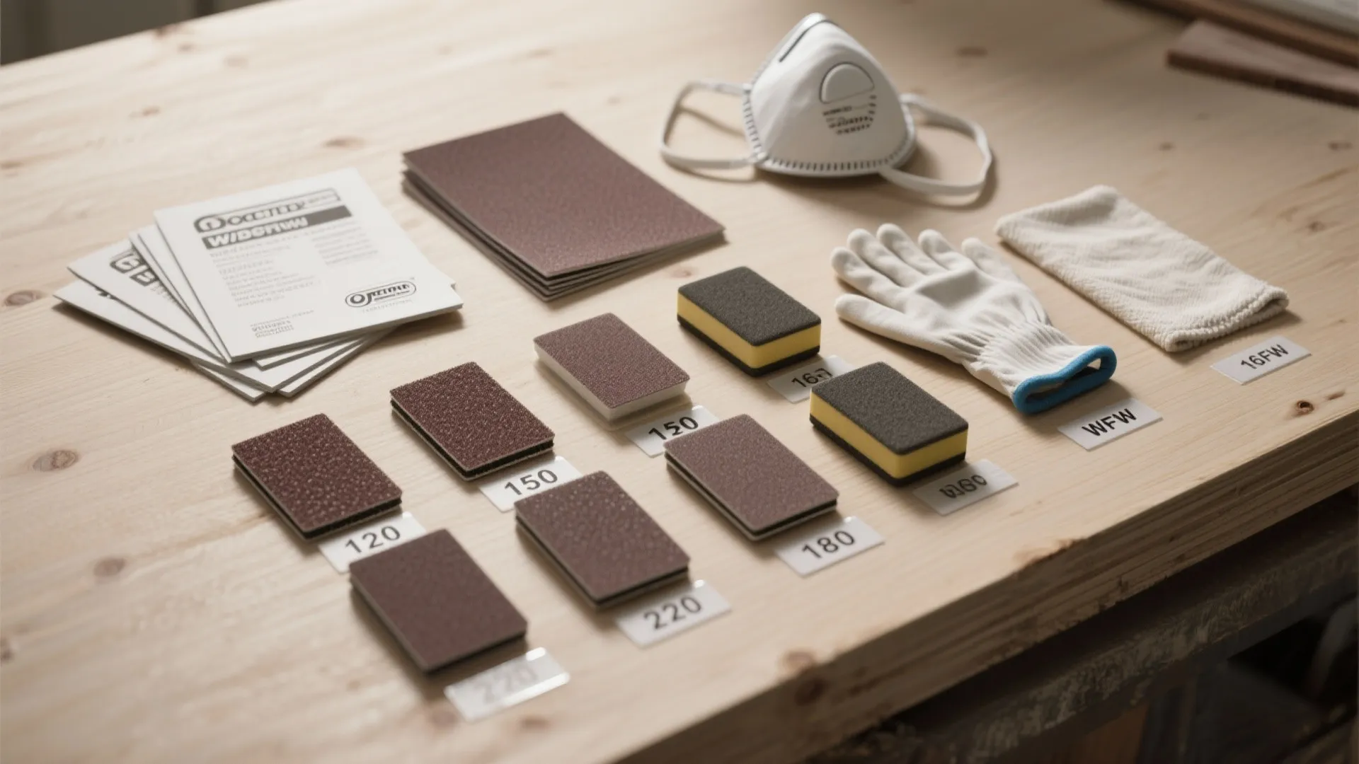 Flatlay of sanding materials including grit-labeled sandpaper, foam blocks, a contour block, gloves, mask and tack cloth.