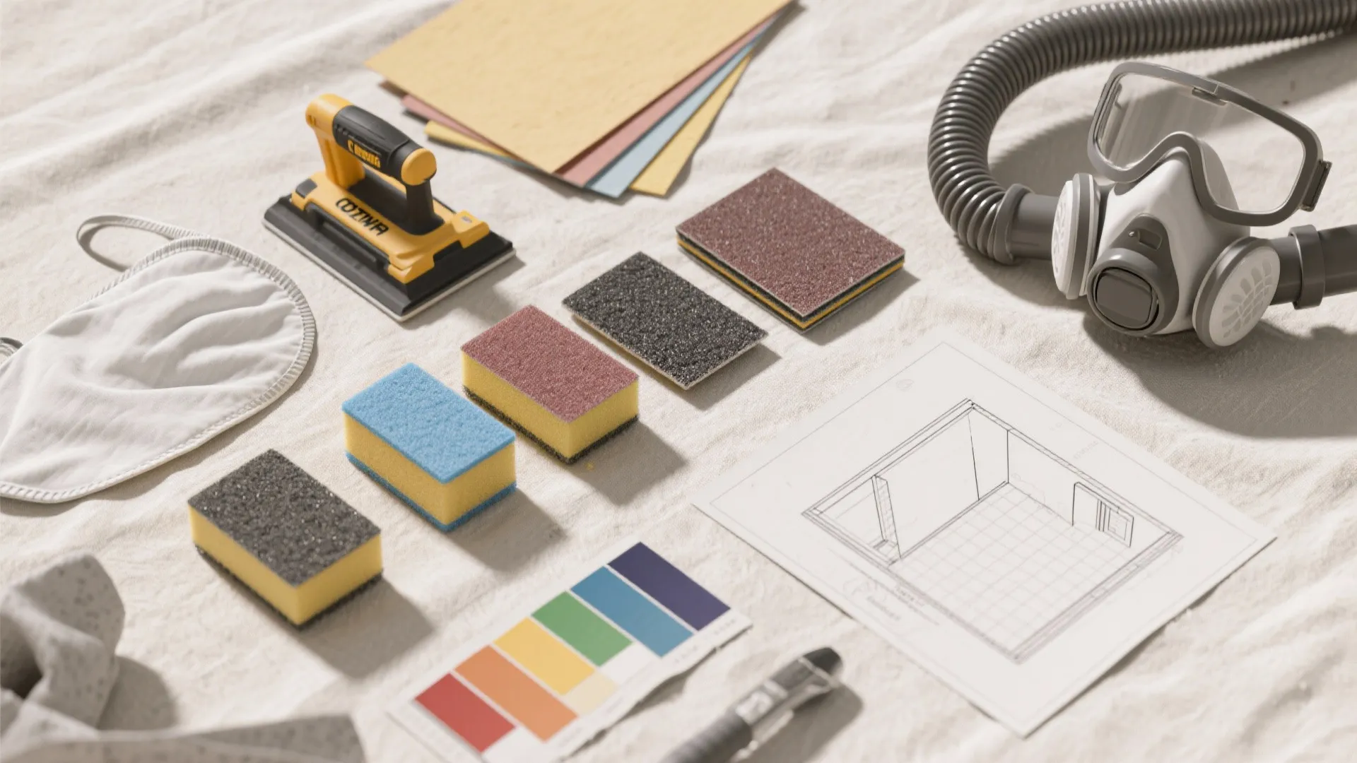 Collection of home renovation tools including sanding sponges gas mask color samples and a room drawing