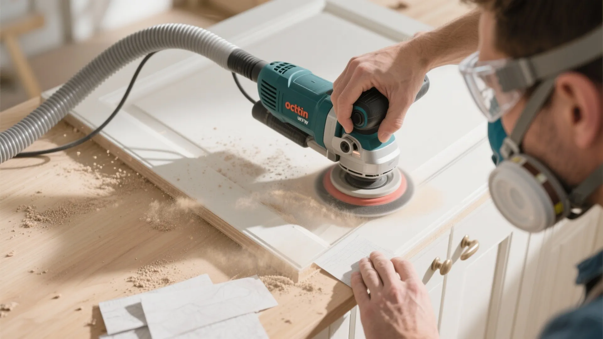 Man using a power sander on a white cabinet door while wearing a safety mask