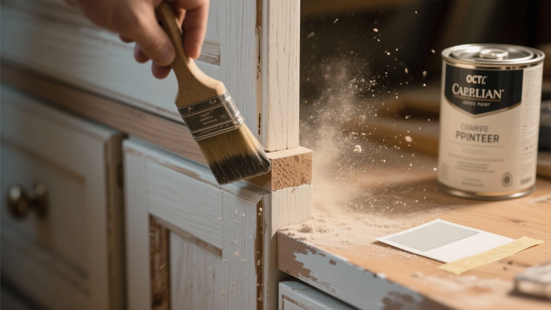 Close up of person using brush to clean sawdust from a white wooden cabinet frame
