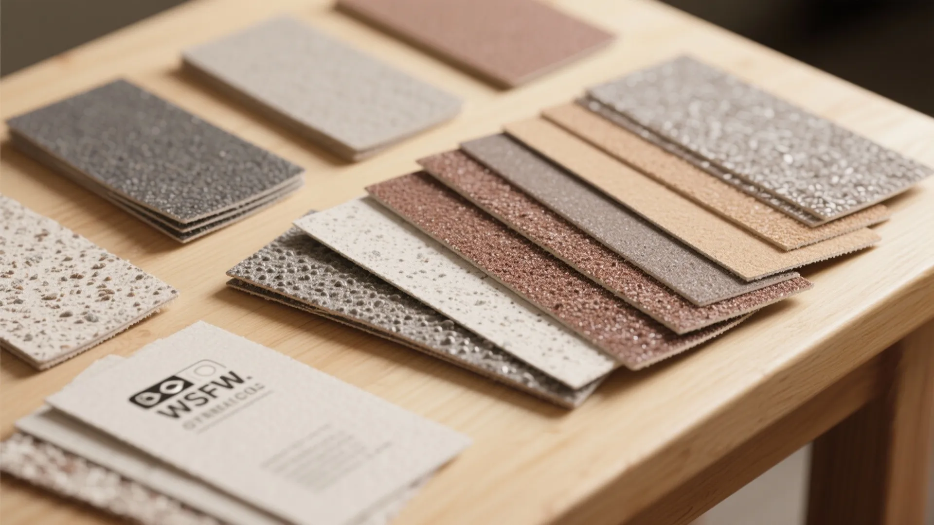 Various textured sandpaper sheets in different colors displayed on a light wooden table for renovation