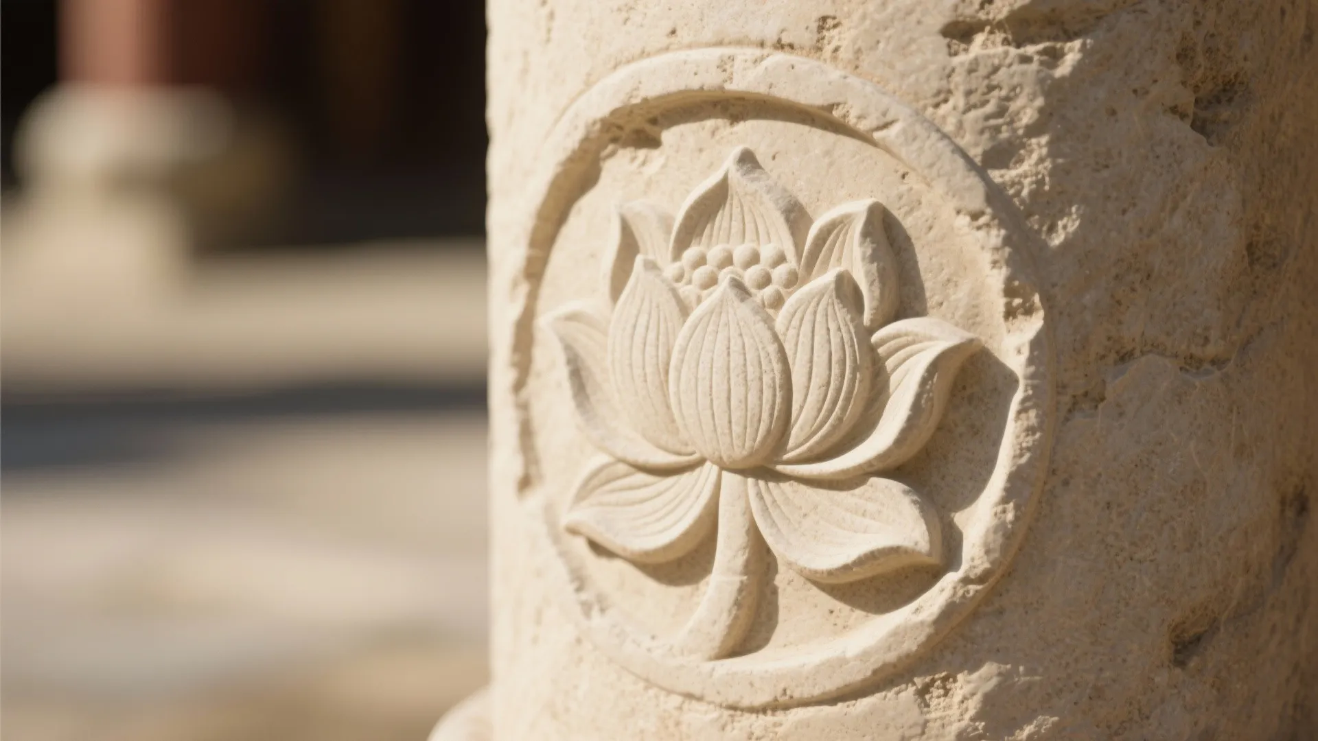 Close-up of honed sandstone with a shallow lotus carving under soft daylight.