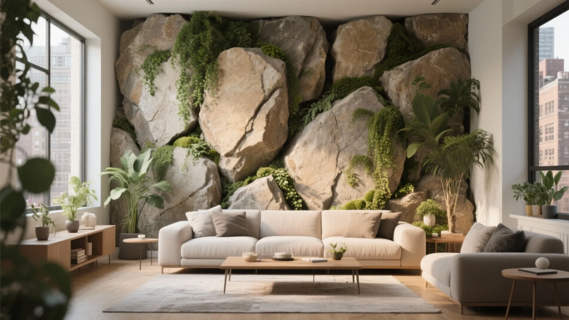 Modern living room with white sofa wooden coffee table and large natural rock feature wall
