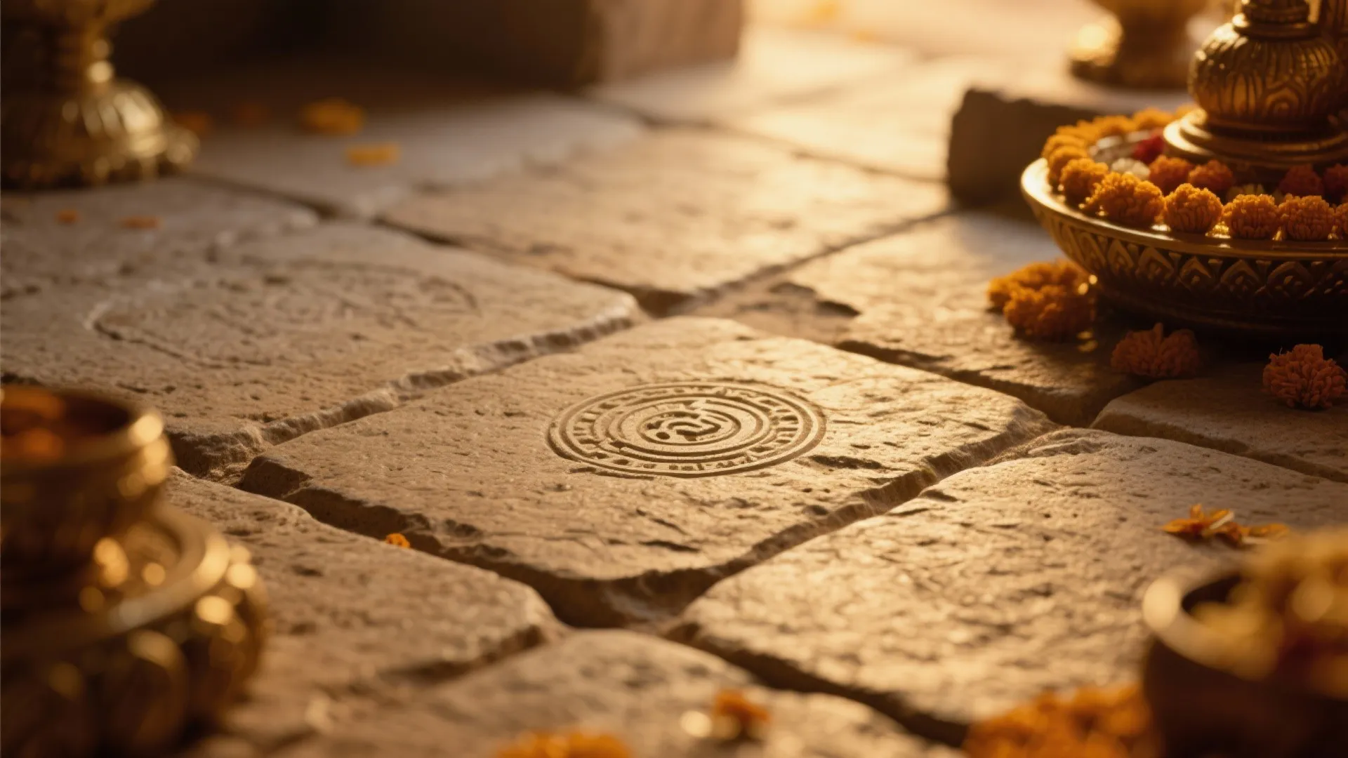 Carved sandstone floor tiles with traditional patterns surrounded by orange flowers and golden decorative bowls