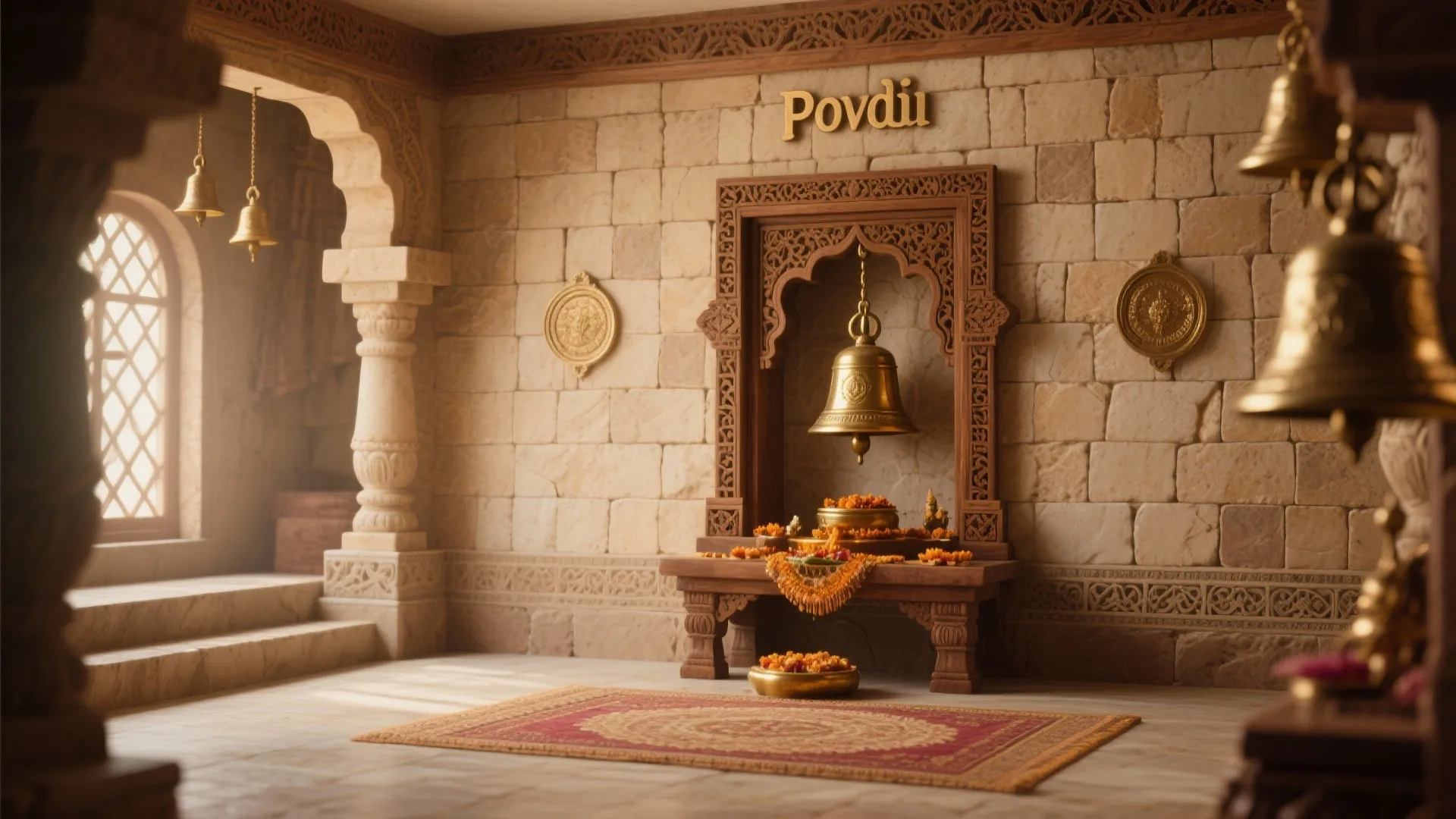 Stone prayer room featuring large brass bell hanging above wooden table with red floor rug