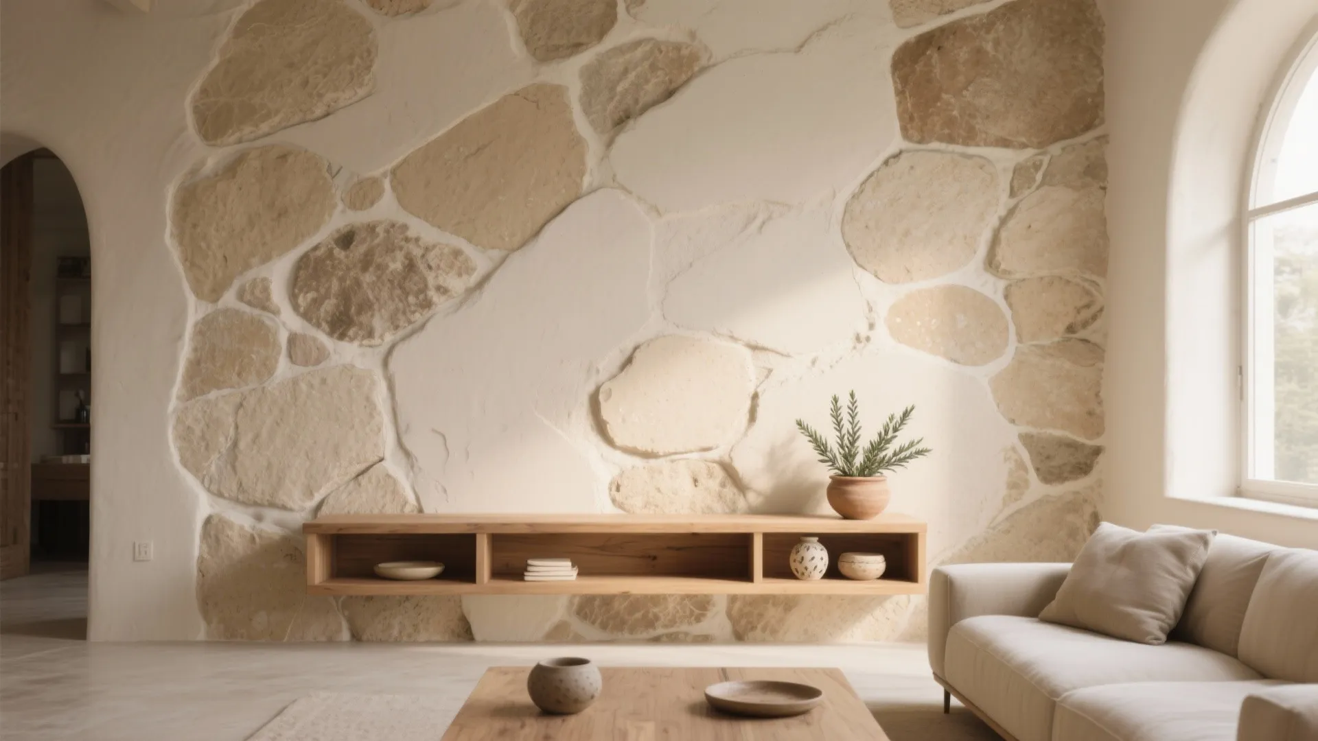 Modern living room with stone wall panel wooden cabinet white sofa and large bright windows
