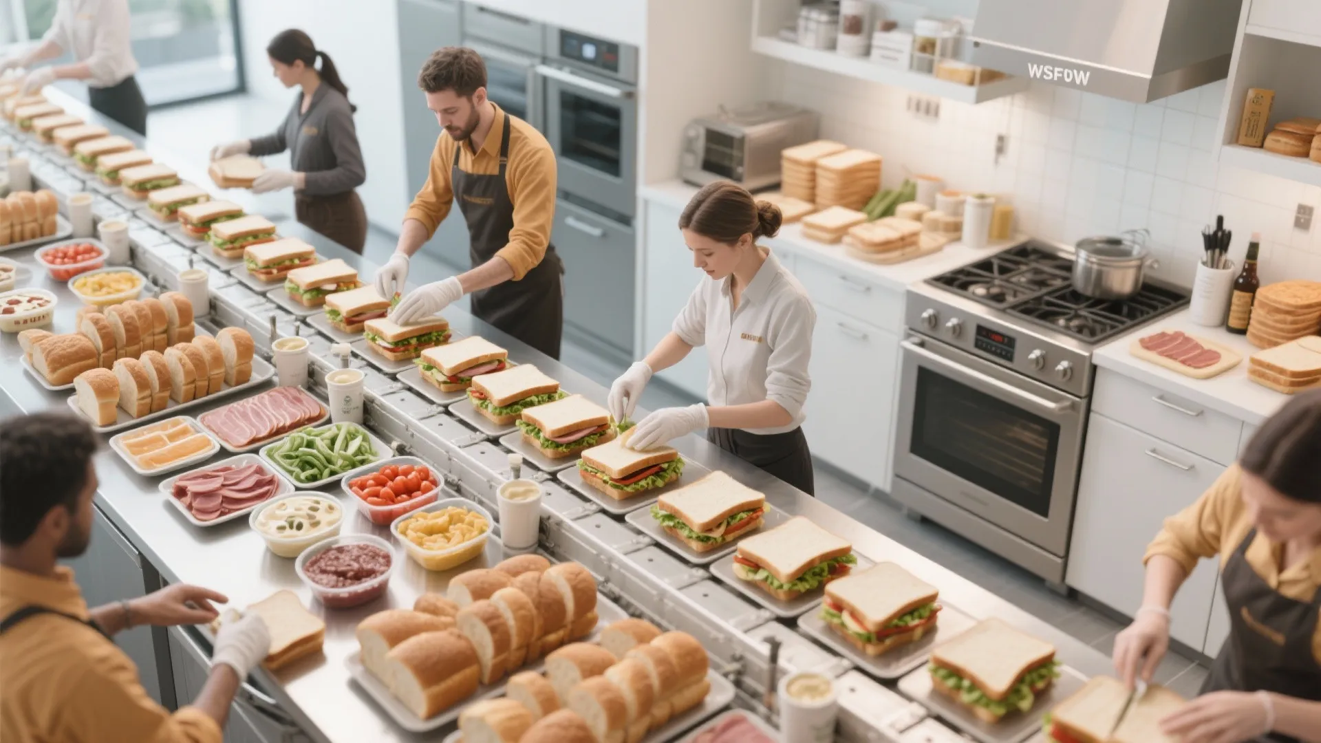 Staff members preparing many fresh sandwiches on a long metal counter in a clean kitchen