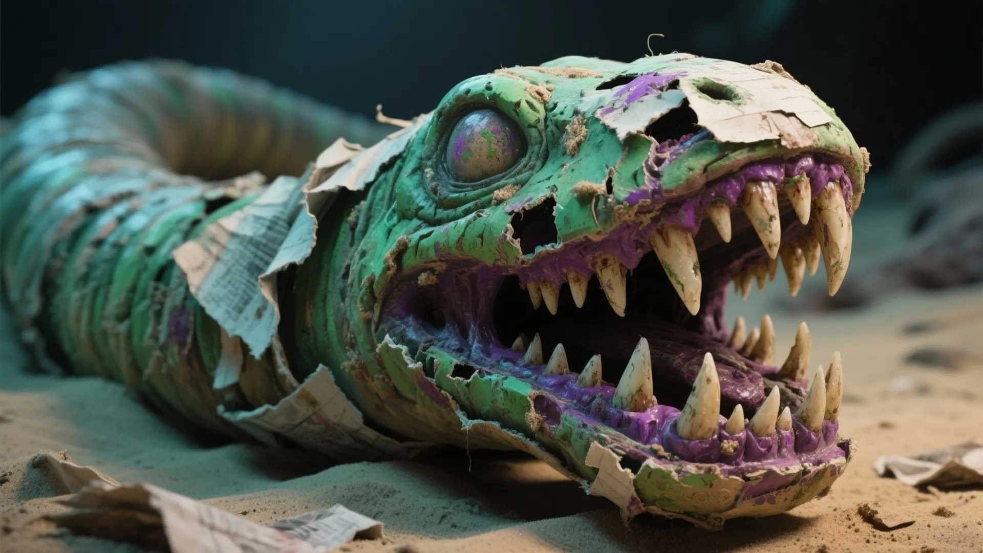 Large green and purple monster snake model with sharp teeth sitting on a sandy floor surface
