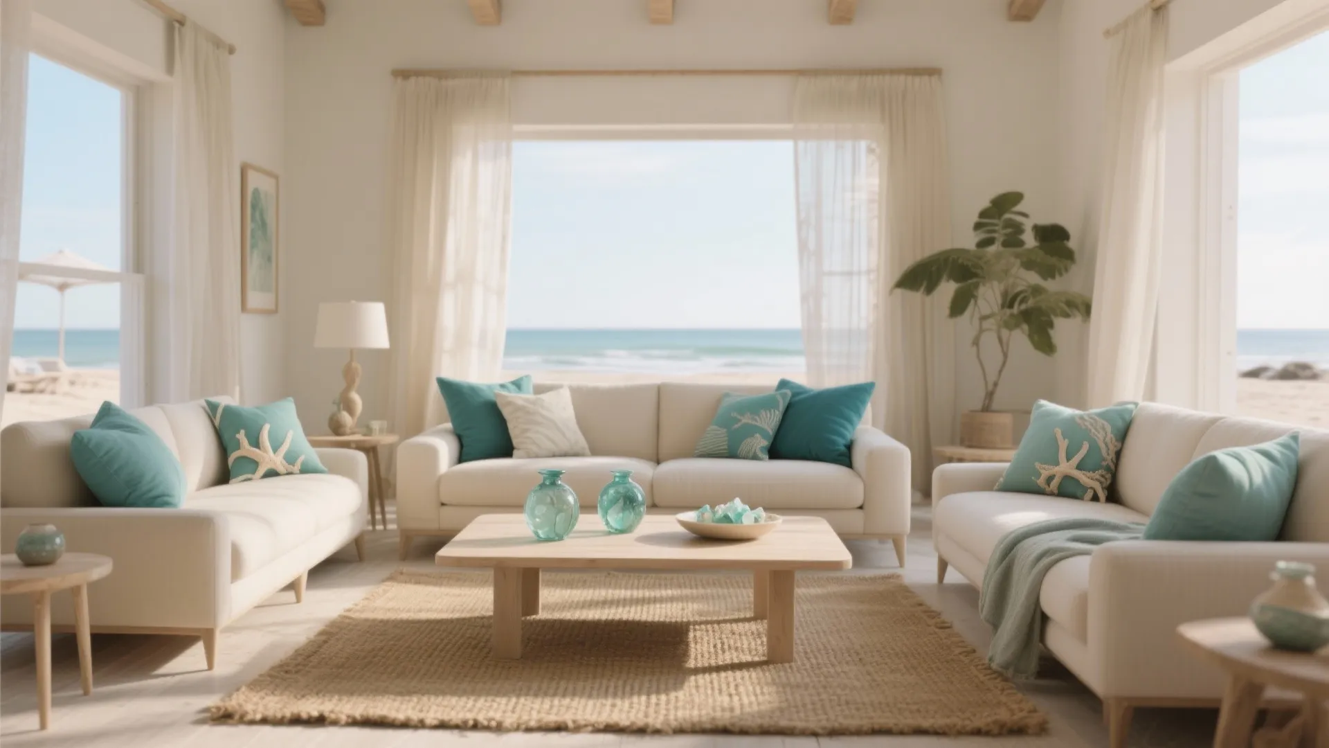 Coastal living room with white sofas teal pillows wooden coffee table and beautiful beach ocean view