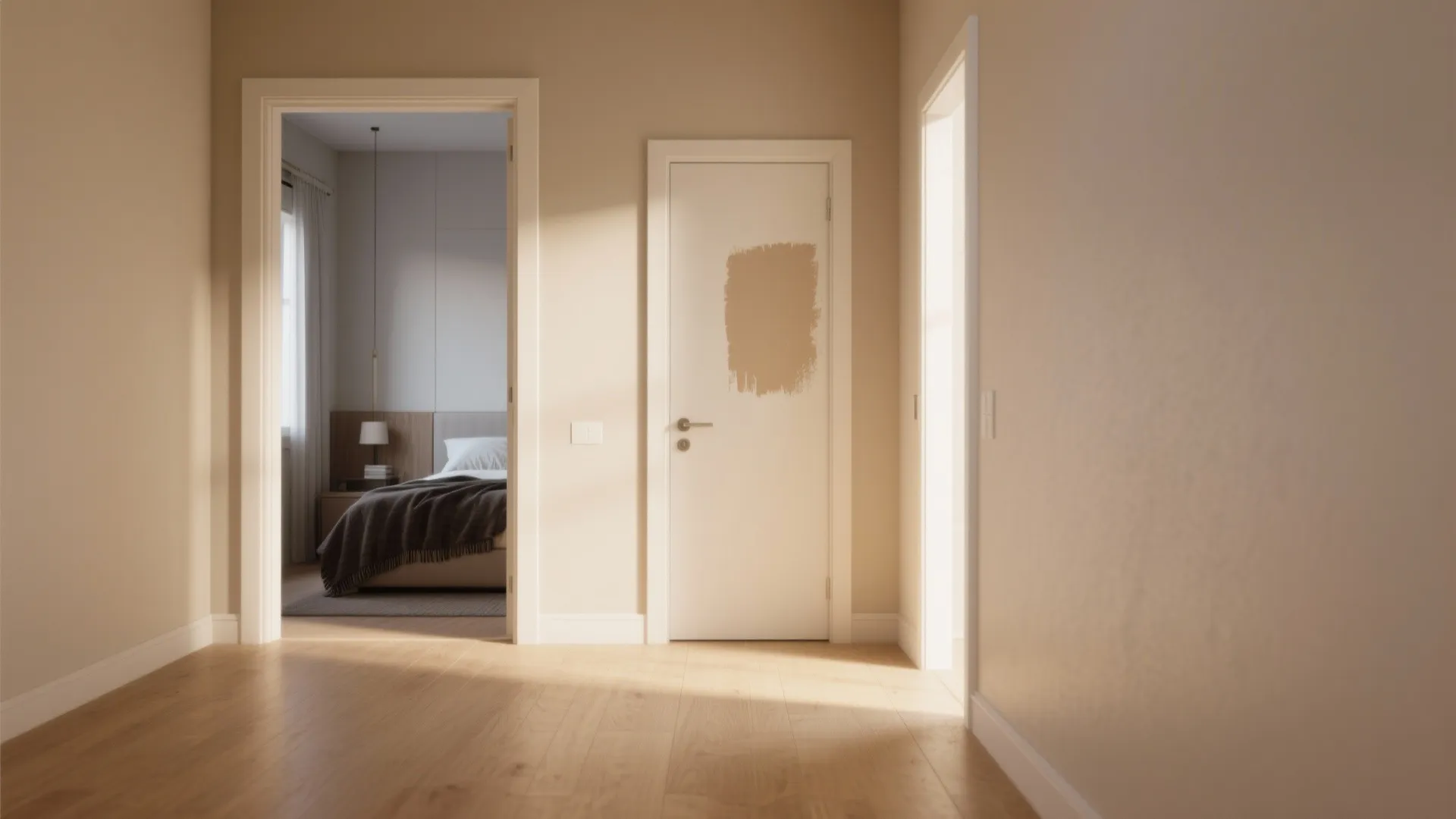 Neutral hallway with wood floor white doors and a view into a modern bright bedroom