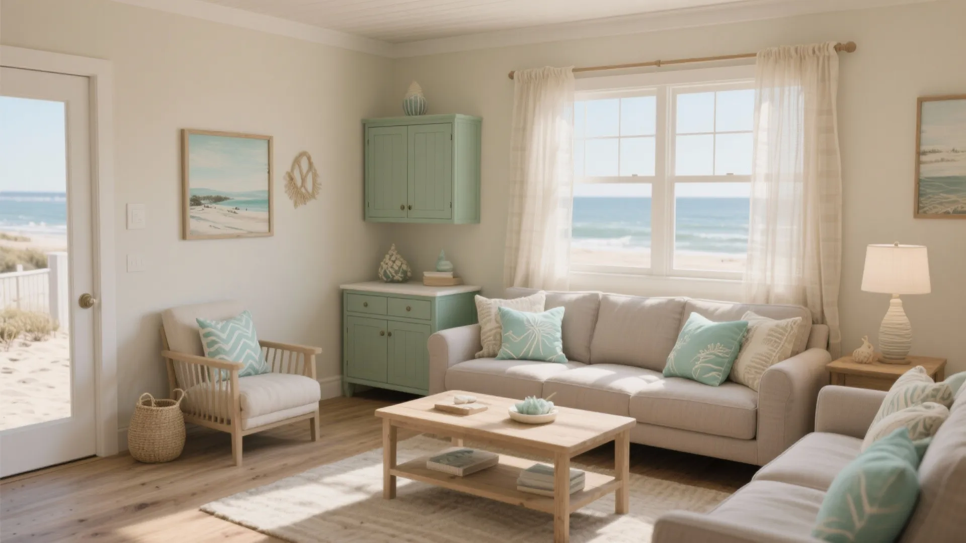 2. Soft Sandy Neutrals with Sea-Glass Accents