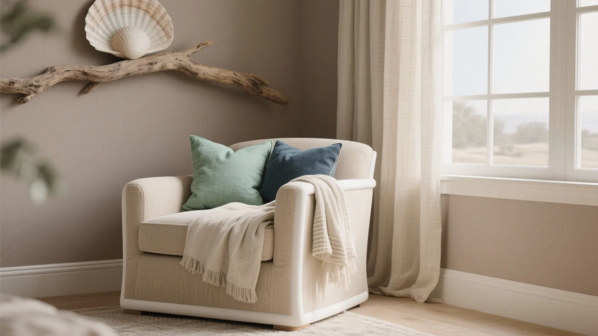 Cozy armchair with green pillows and blanket near window with shell wall decor and white curtain