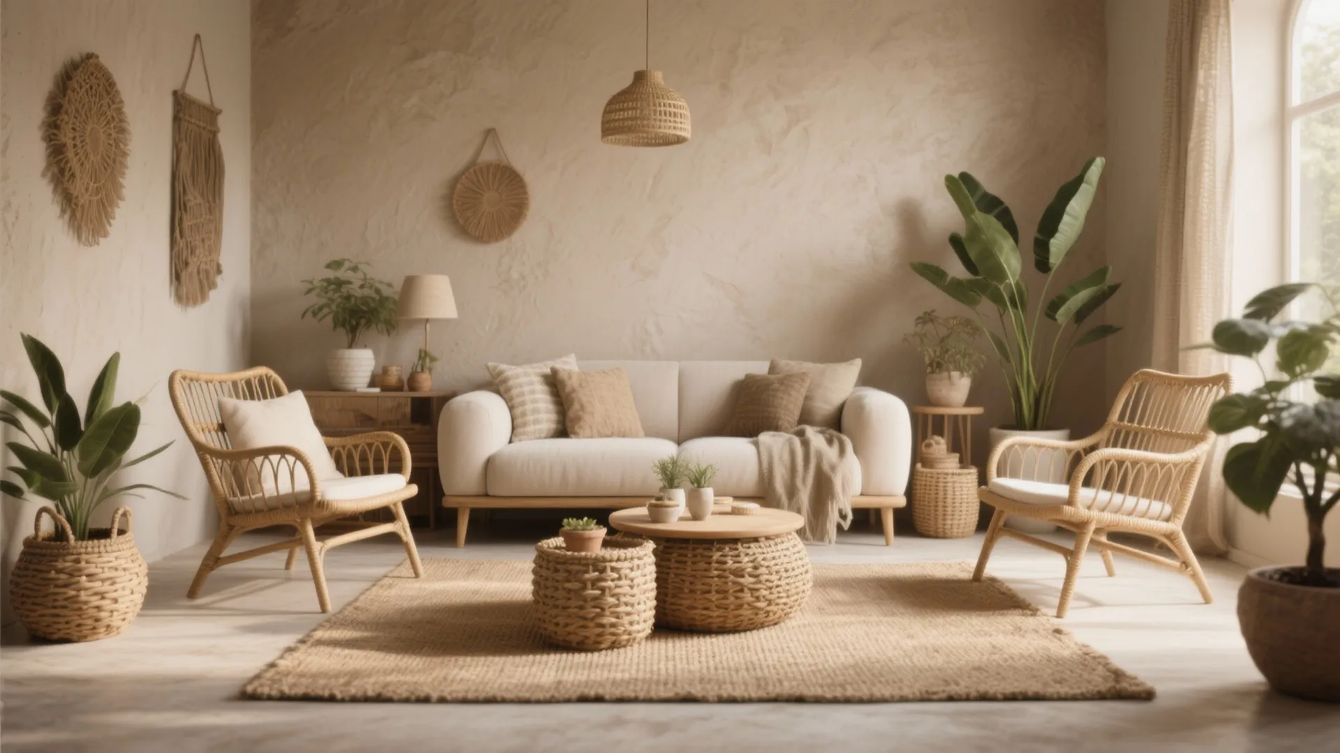 Natural living room interior with white sofa rattan chairs woven baskets ceiling light and potted plants