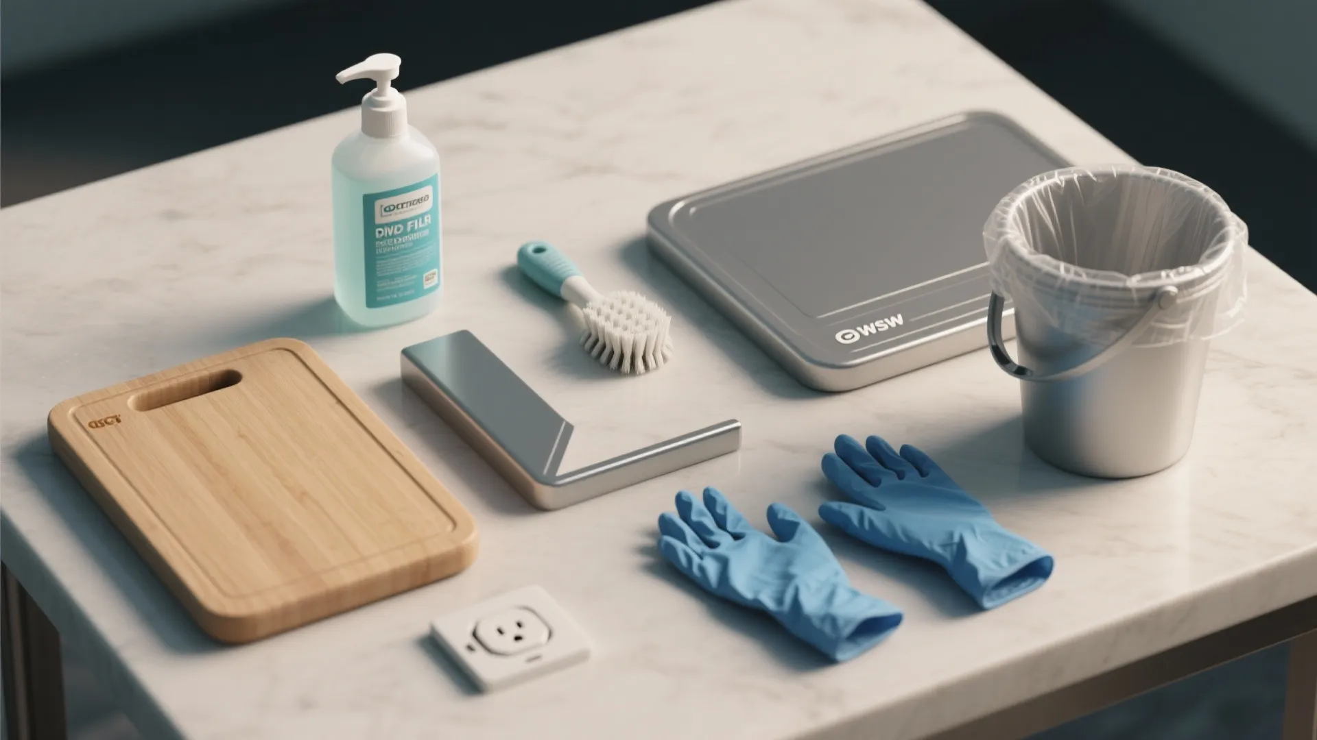 Flatlay of sanitation supplies and material samples for a DIY fish cleaning table, including sanitizer, brush, gloves and HDPE sample.