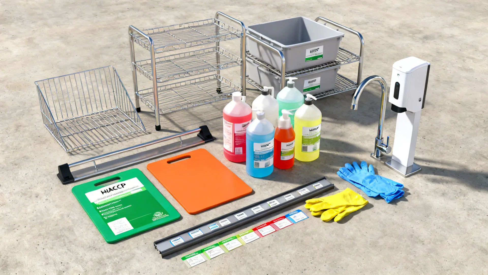 Flat lay of open wire shelves, labeled bins, color-coded boards, and hands-free faucet for commercial kitchen sanitation.