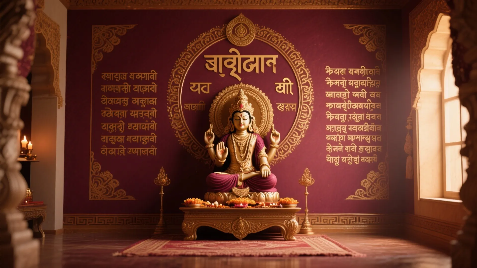 Traditional prayer room with a golden statue and red wall featuring large gold script art