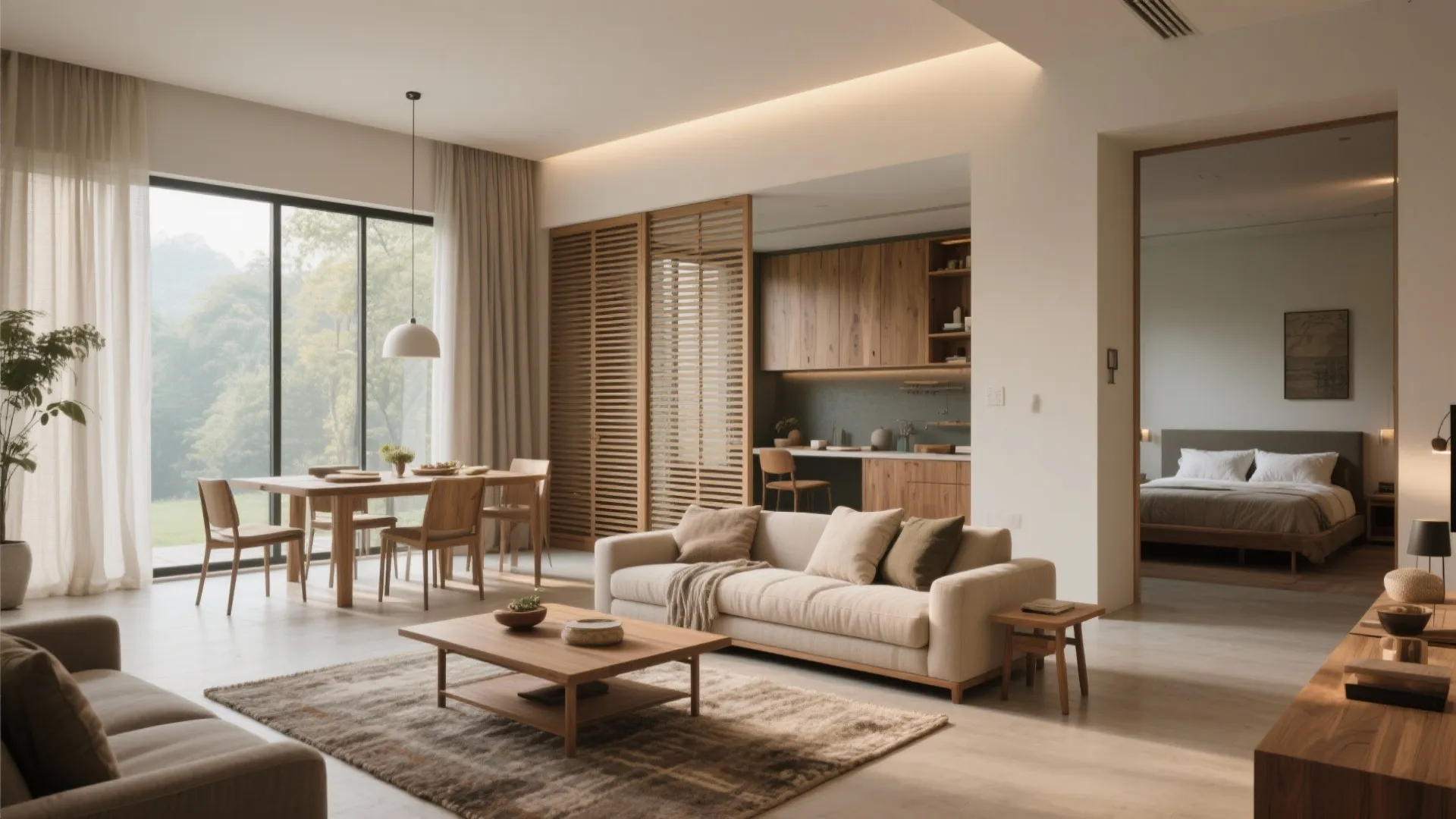 Modern open living room with cream sofa wood coffee table dining area kitchen and bedroom