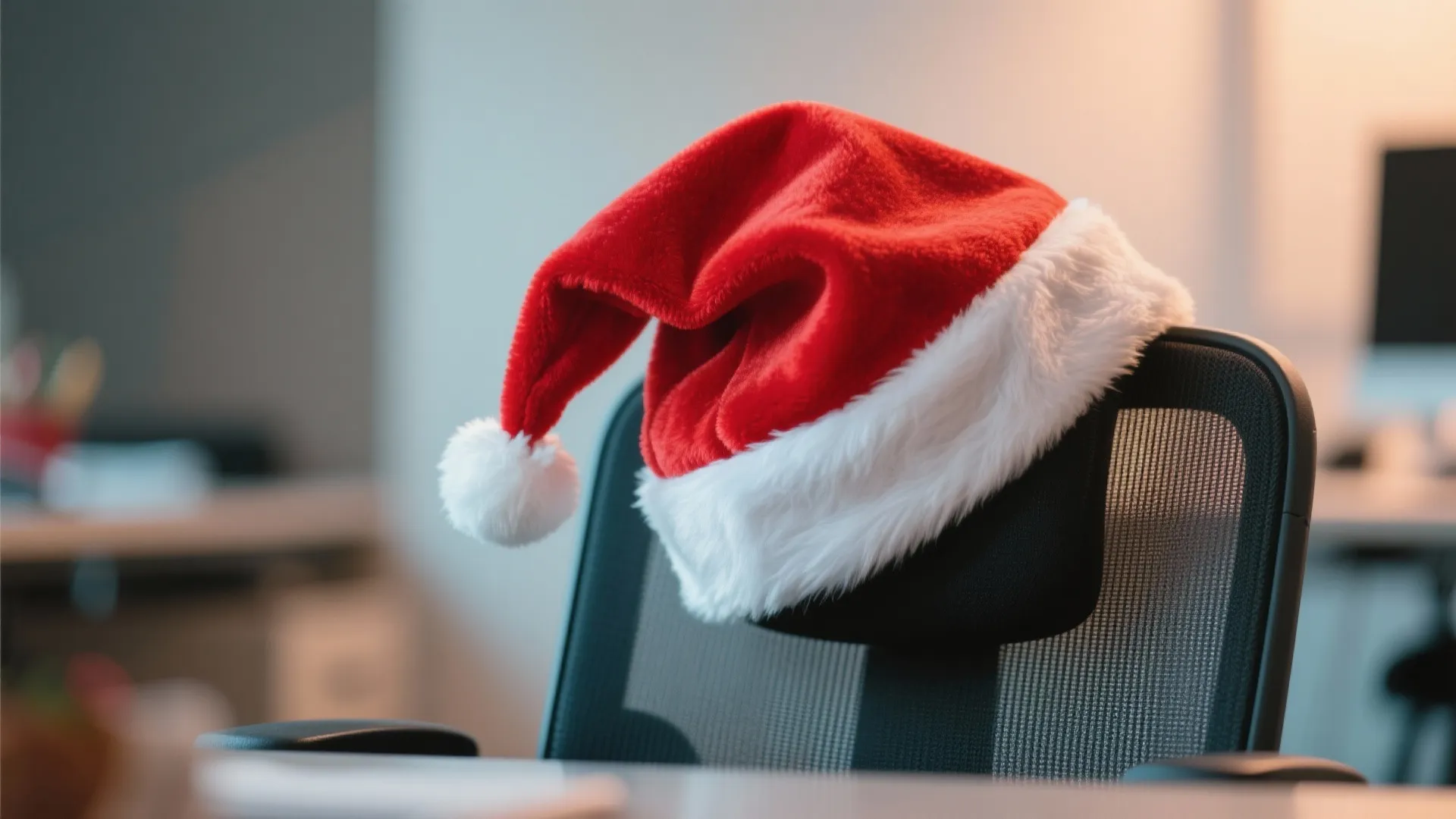 Red and white santa hat placed on the headrest of a black mesh office chair
