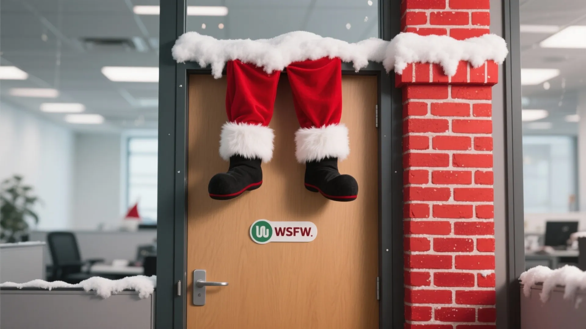 Office door with Santa legs hanging from top plus fake snow on red brick wall