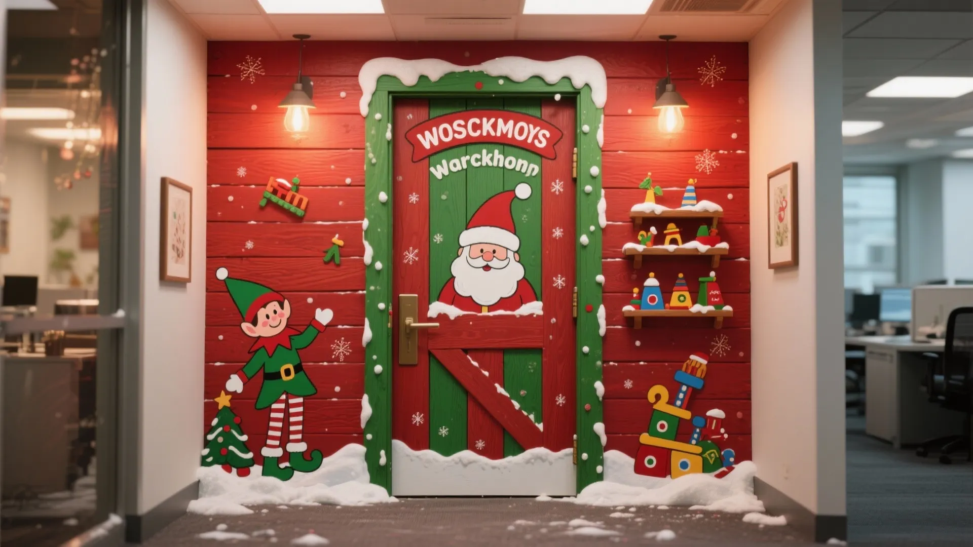 Office door featuring red and green Christmas decorations with Santa Claus elf and small shelves