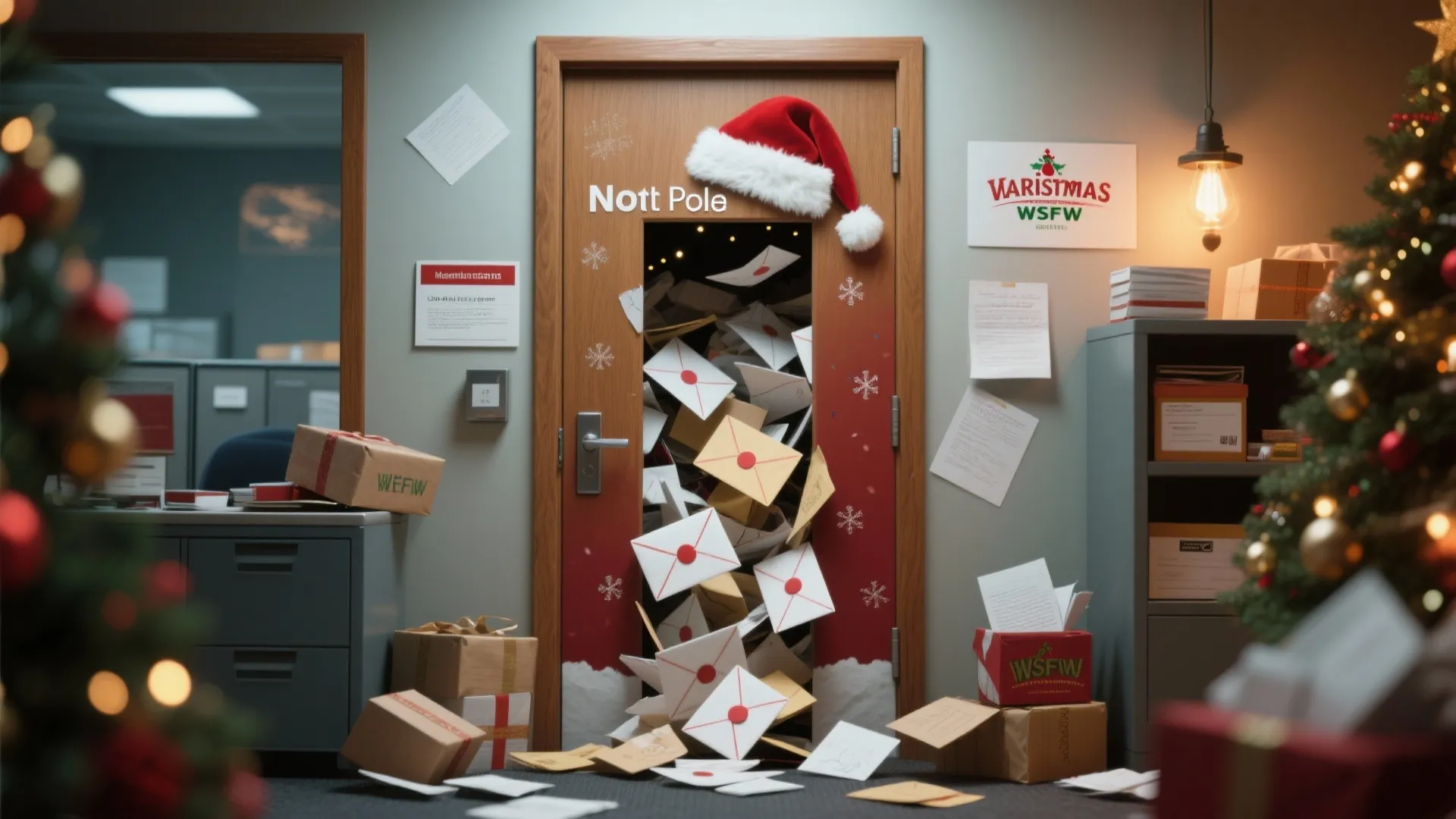 Office door decorated as a mailroom with letters pouring out under a red Santa hat