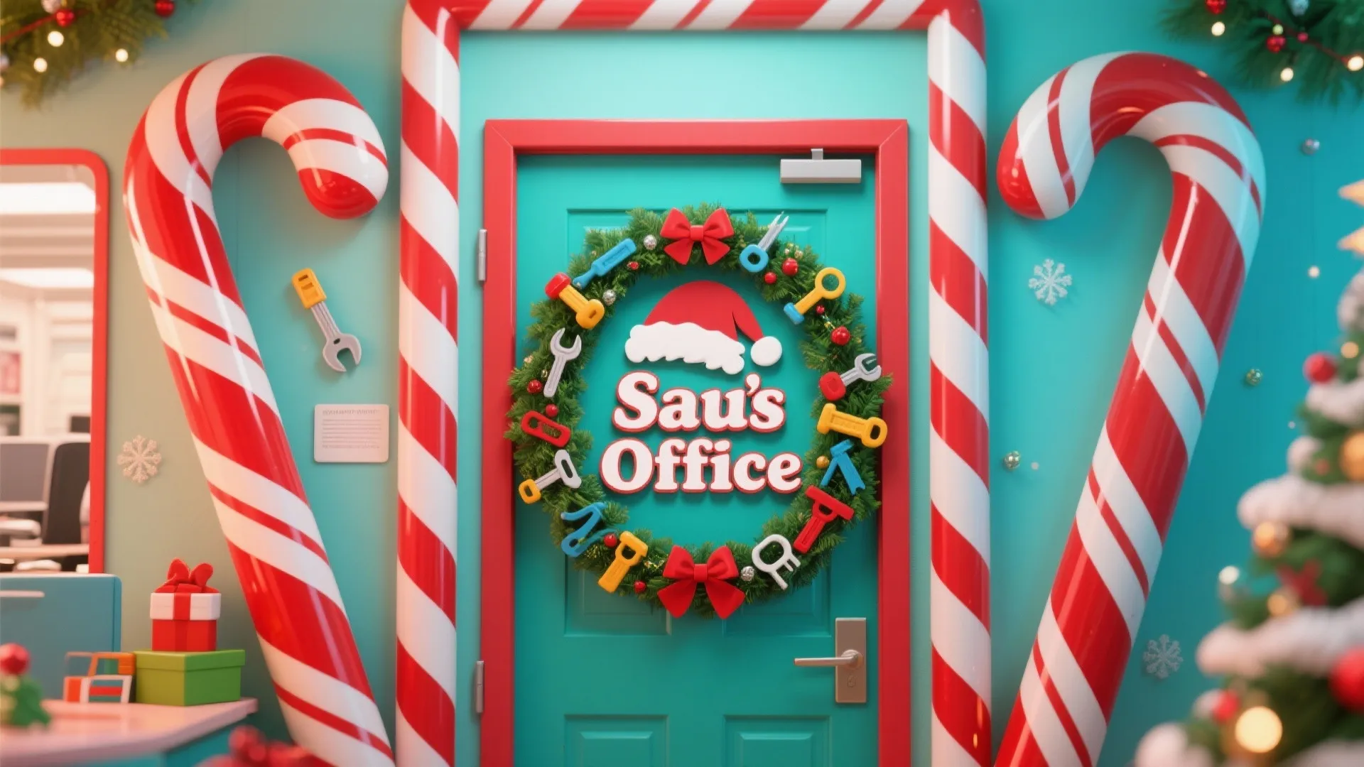 Blue office door with Christmas wreath and large candy cane decorations in a bright office