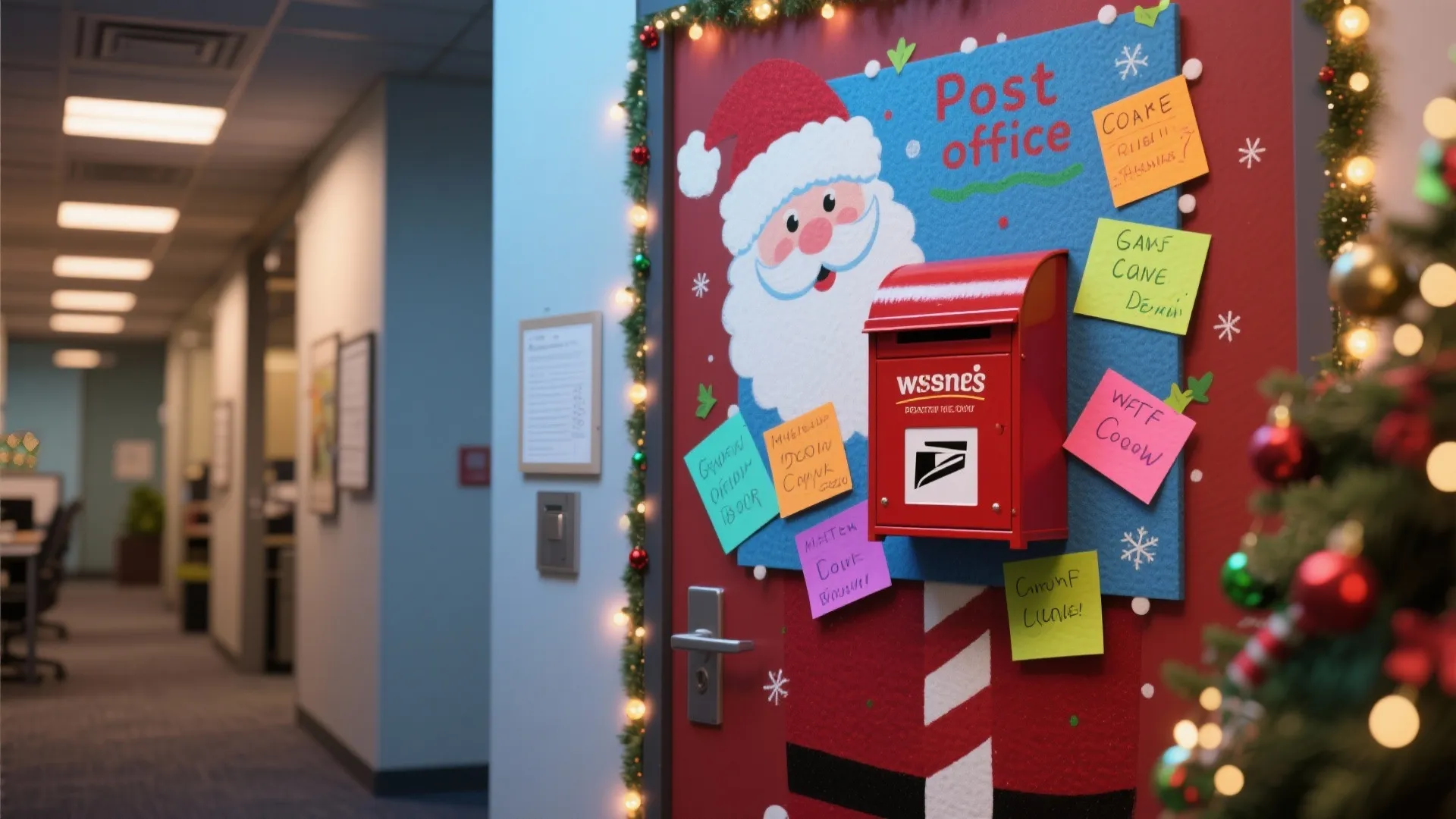 Office door decorated with Santa Claus face a red mailbox and colorful sticky note messages