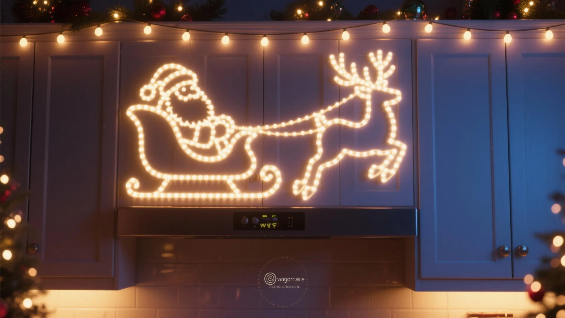 Santa sleigh and reindeer lights above kitchen cabinets